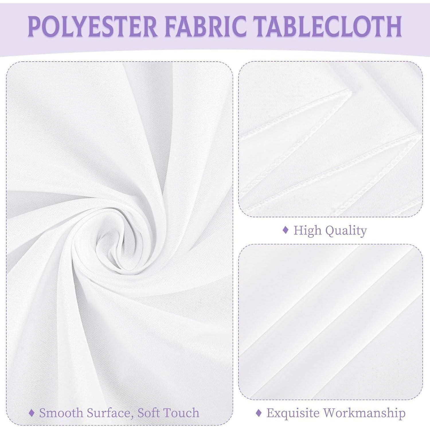Tischdecke aus Polyesterstoff. Eigenschaften umfassen eine ‚Glatte Oberfläche, Weiche Haptik', ‚Hohe Qualität' und ‚Exquisite Verarbeitung', in Weiß dargestellt.