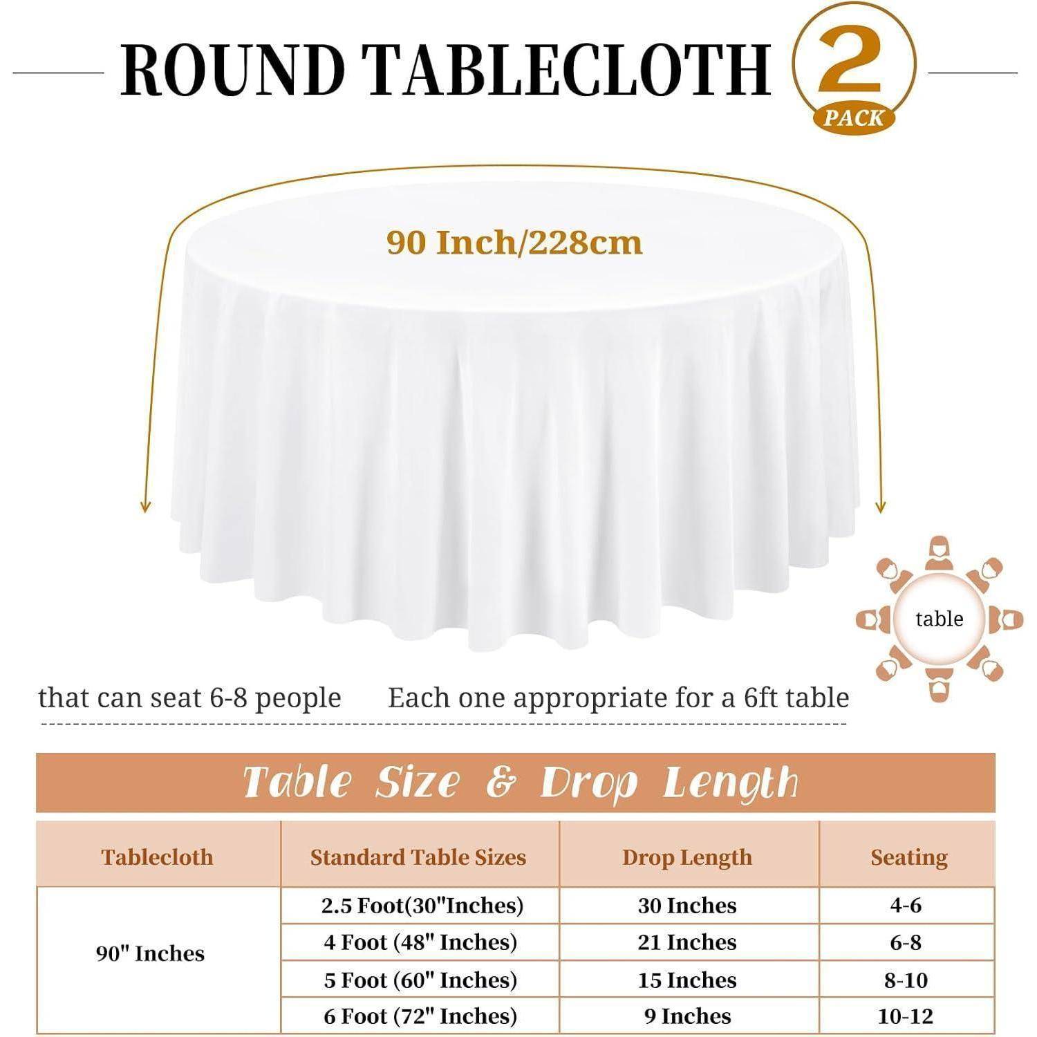 Runde Tischdecke, 90 Zoll Größe, geeignet für 6-8 Personen. Inklusive 2er-Pack mit Sitzplatzführer für verschiedene Tischgrößen und Überhänglängen.