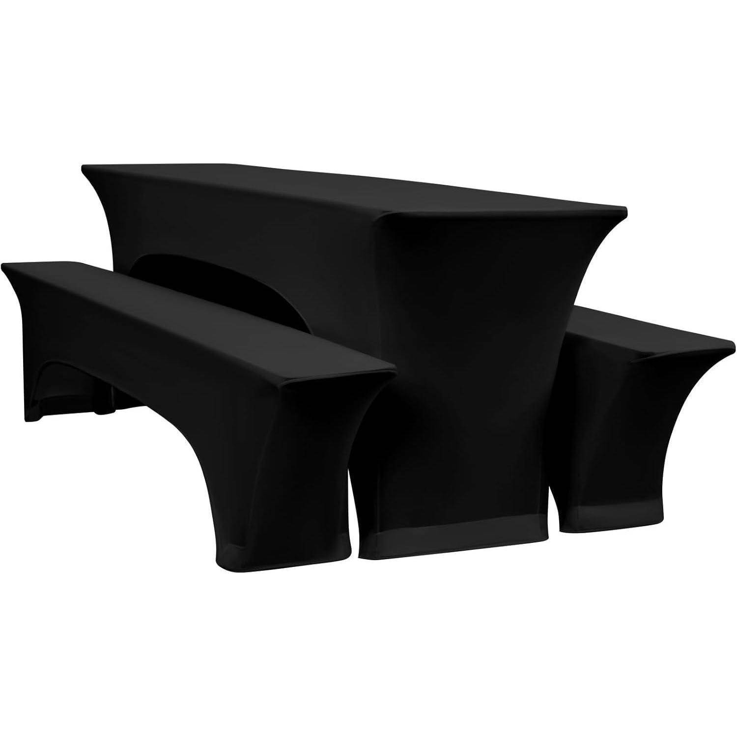 Ein schwarzer, passgenauer Tischbezug-Set, bestehend aus Bezügen für einen rechteckigen Tisch und zwei Bänke, konzipiert für ein elegantes und modernes Erscheinungsbild.