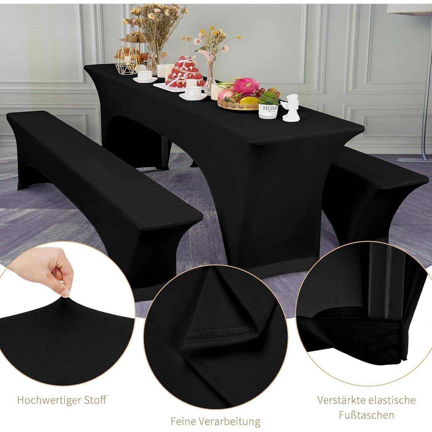 Ein langer Tisch mit schwarzen Stretchhussen, geschmückt mit Blumen und Desserts. Einblendungen zeigen Nahaufnahmen der Gewebetextur und Nähte.