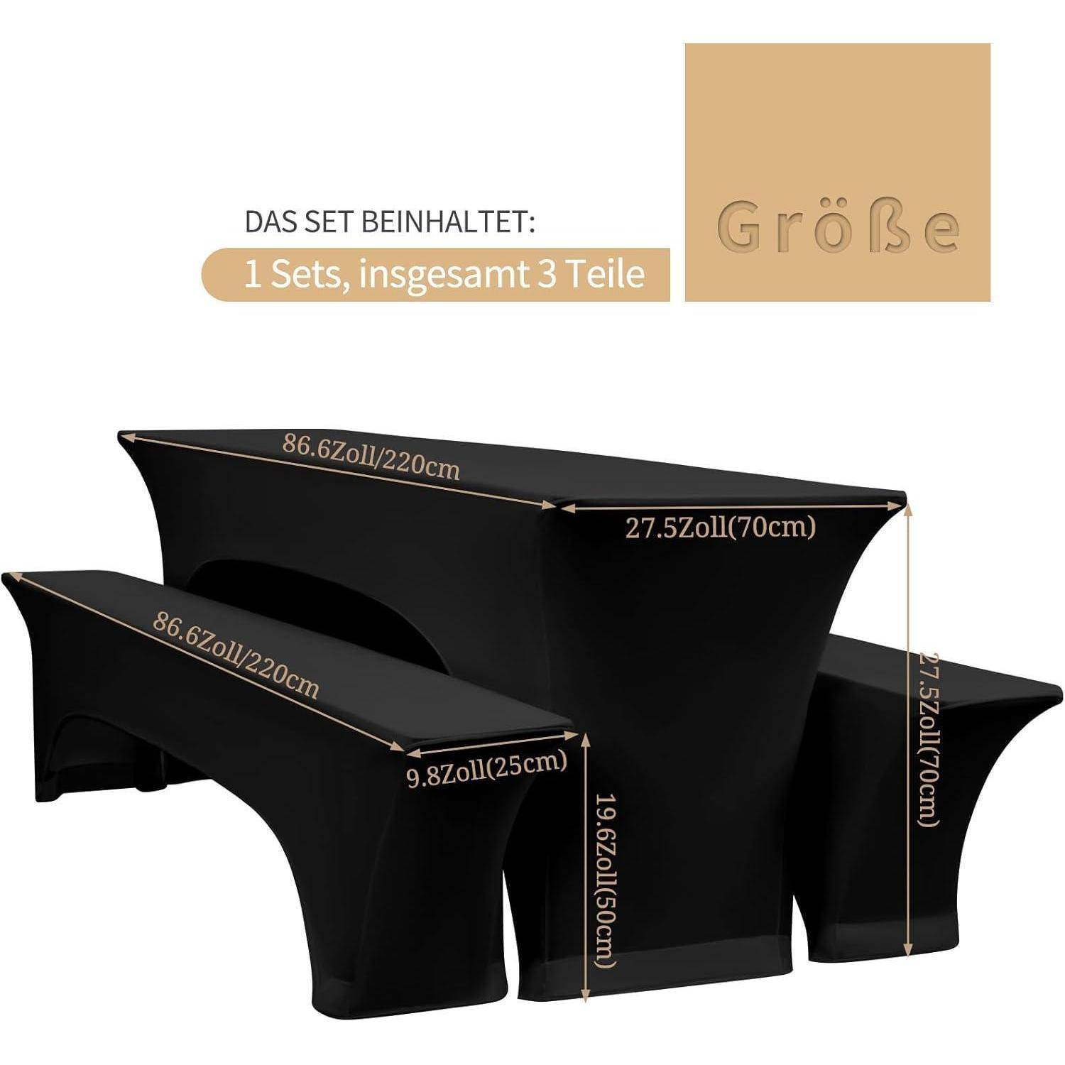 Ein schwarzes Möbelbezug-Set enthält eine Tischdecke und zwei Bankbezüge mit beschrifteten Abmessungen, hervorgehoben in einem beigen Kasten mit dem Text 