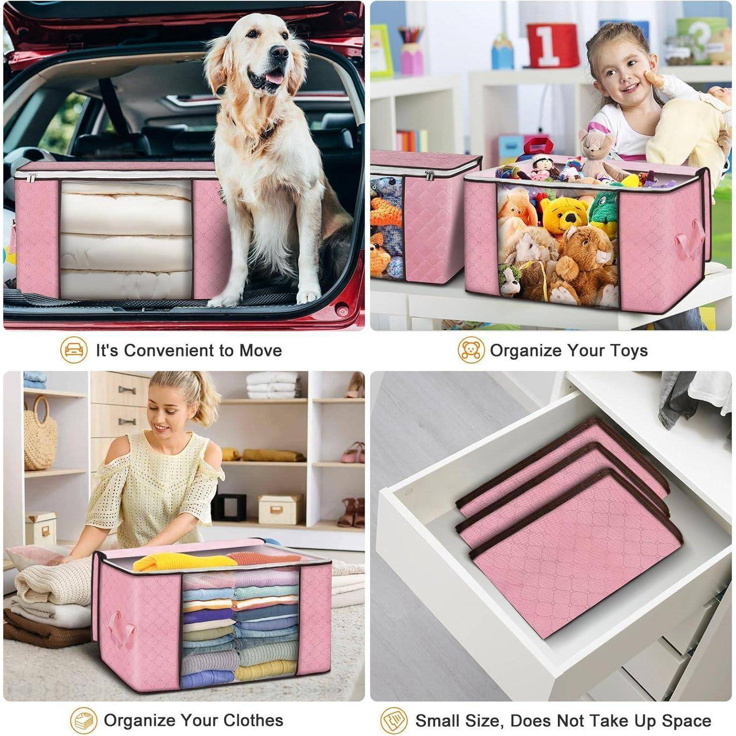 Bild zeigt eine rosa Aufbewahrungstasche, die für verschiedene Zwecke verwendet wird: Transport von Gegenständen mit einem Hund im Auto, Organisieren von Spielzeugen, Kleidung und Verstauen in einer Schublade.