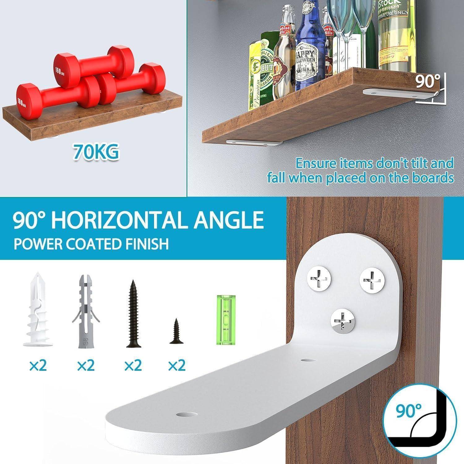 Wandregal-Halterung mit 90° horizontalem Winkel, kann bis zu 70 kg tragen. Inklusive Installationszubehör und Werkzeuge.