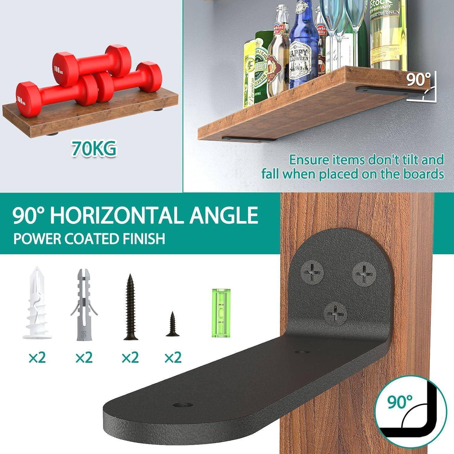 Das Bild zeigt Metallregalhalterungen, die ein Holzregal in einem 90°-Winkel halten und Weinflaschen sowie schwere Gewichte bis zu 70 kg tragen.