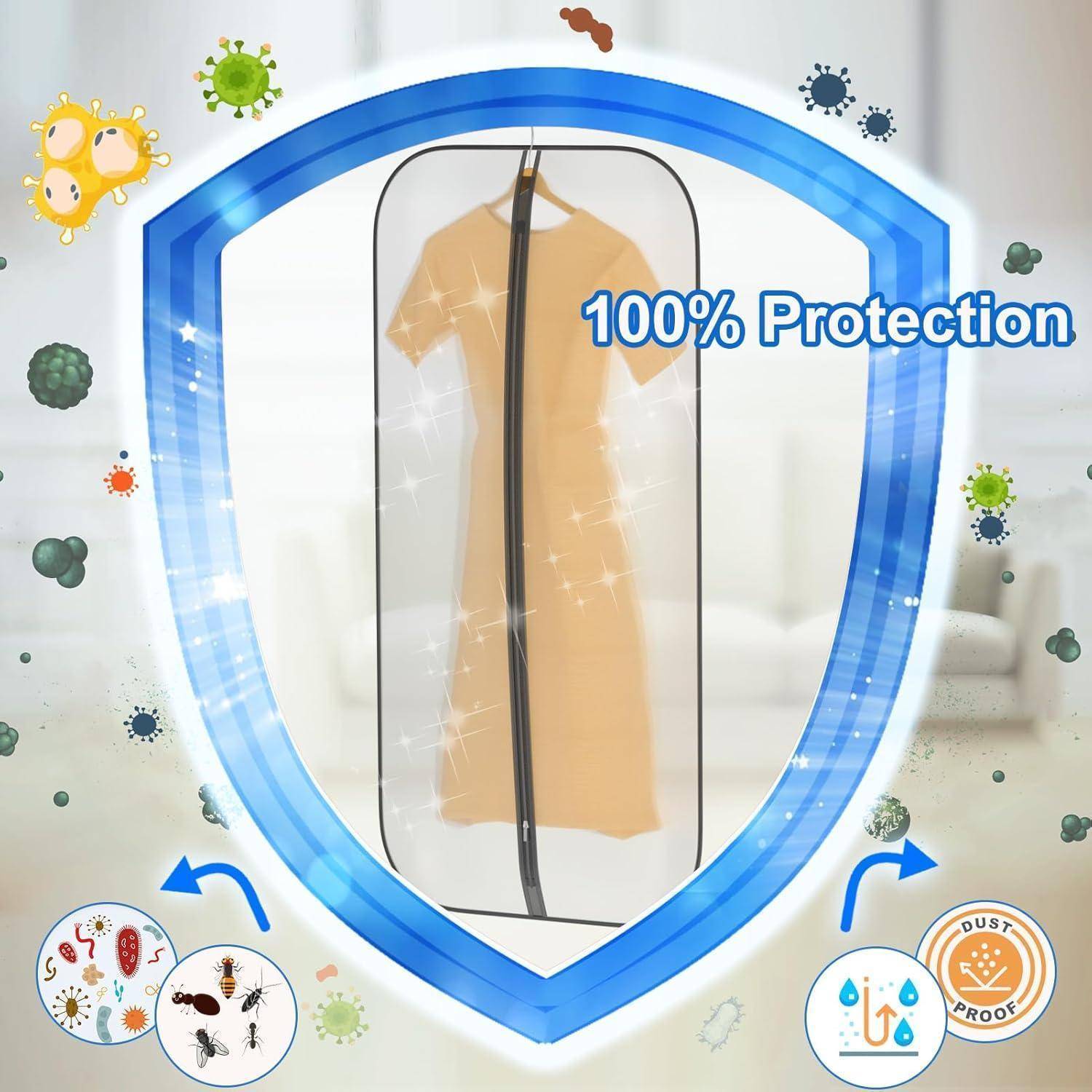 Ein Kleid in einer blauen Schutzhülle mit dem Text '100% Schutz', umgeben von Illustrationen von Staub und Keimen, die Sauberkeit implizieren.