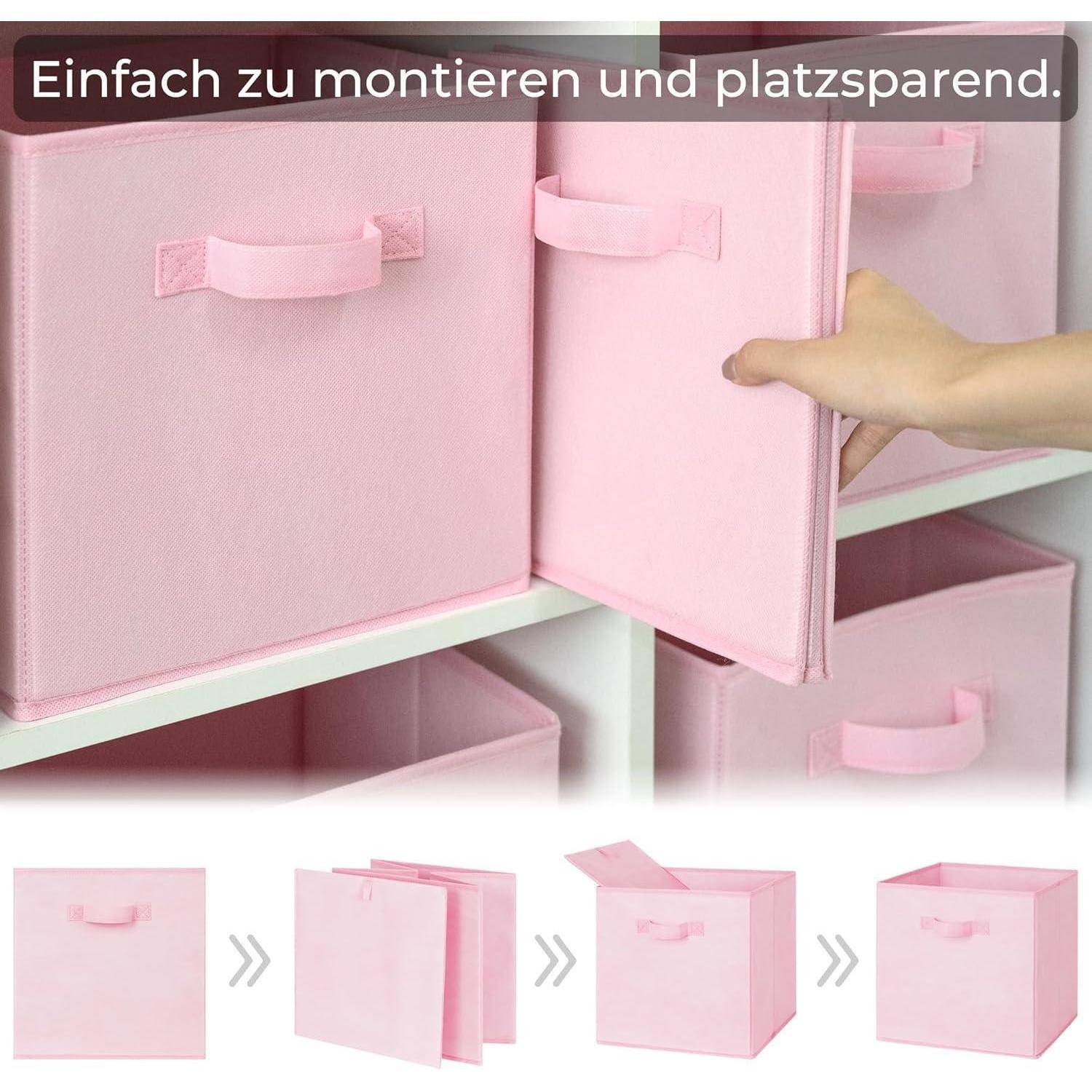 Eine Hand montiert eine rosa Aufbewahrungsbox auf einem Regal. Text lautet: 'Einfach zu montieren und platzsparend.' Bilder darunter zeigen Faltschritte.