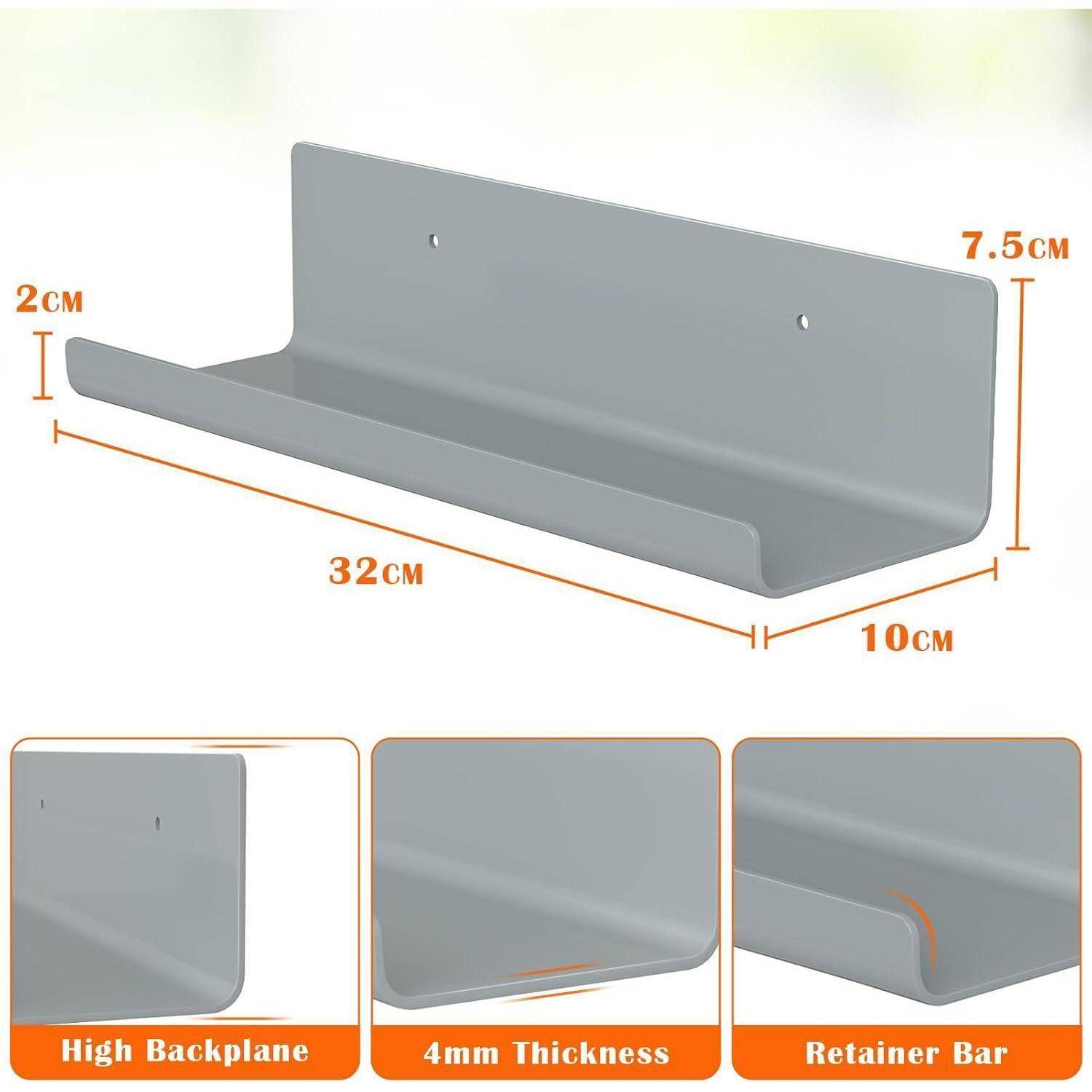 Ein grau-metallisches Regal wird gezeigt mit folgenden Abmessungen: 32 cm breit, 7,5 cm hoch, 10 cm tief. Zu den Merkmalen gehören eine hohe Rückwand, eine Dicke von 4 mm und eine Haltestrebe.