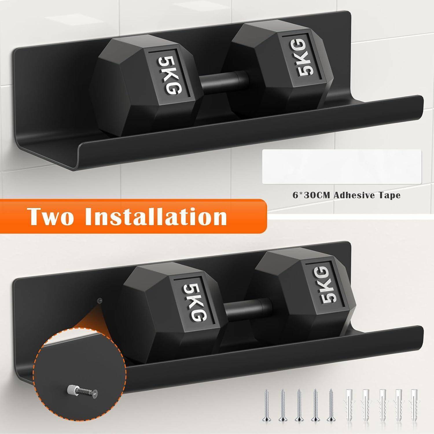 Doppelte Installationsmethode für ein wandmontiertes Regal mit einer 5-kg-Hantel, mit Klebeband- oder Schraubenbefestigung, inklusive erforderlichem Zubehör.