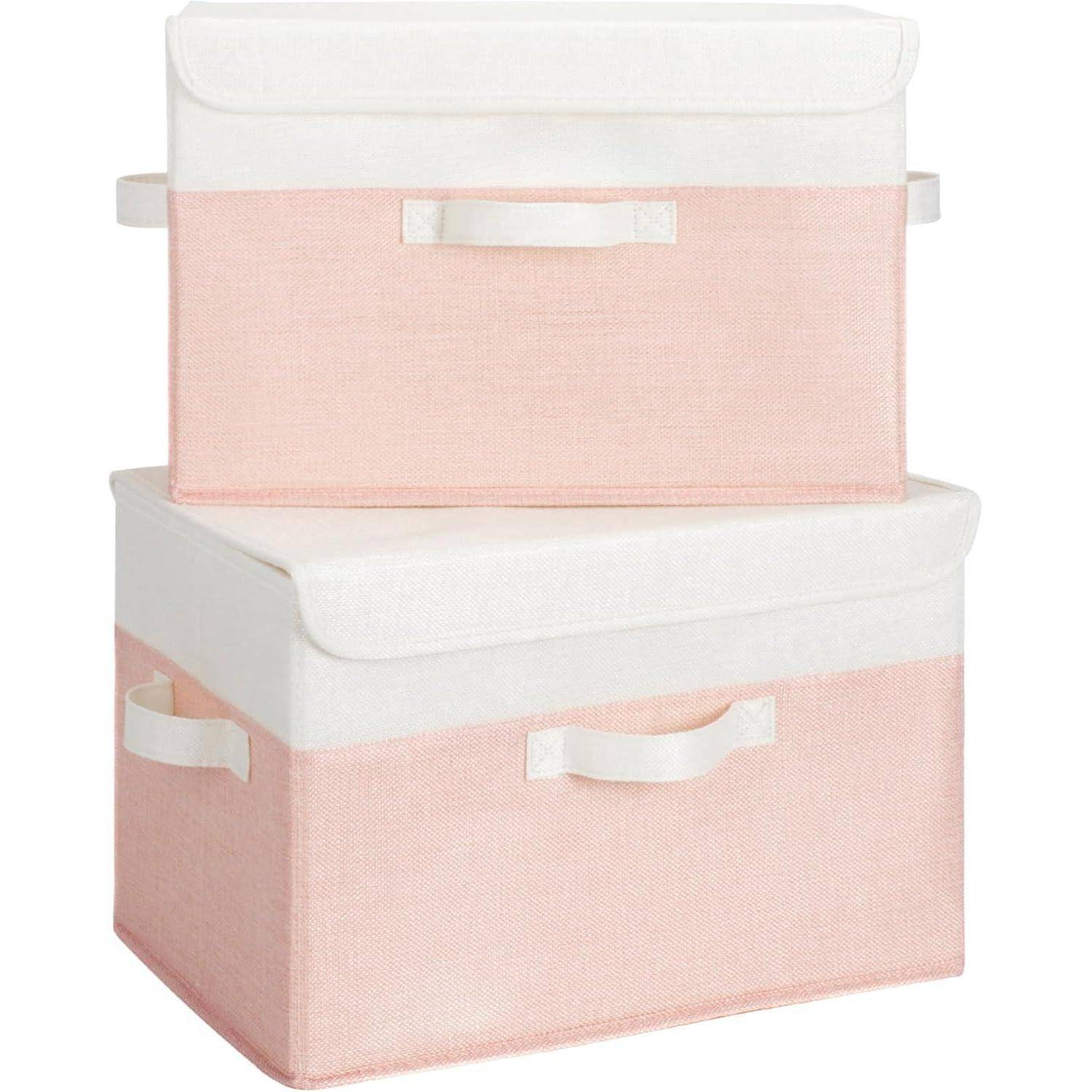 Aufbewahrungsboxen Stoff Deckel 2er Faltboxen Groß Weiß-rosa