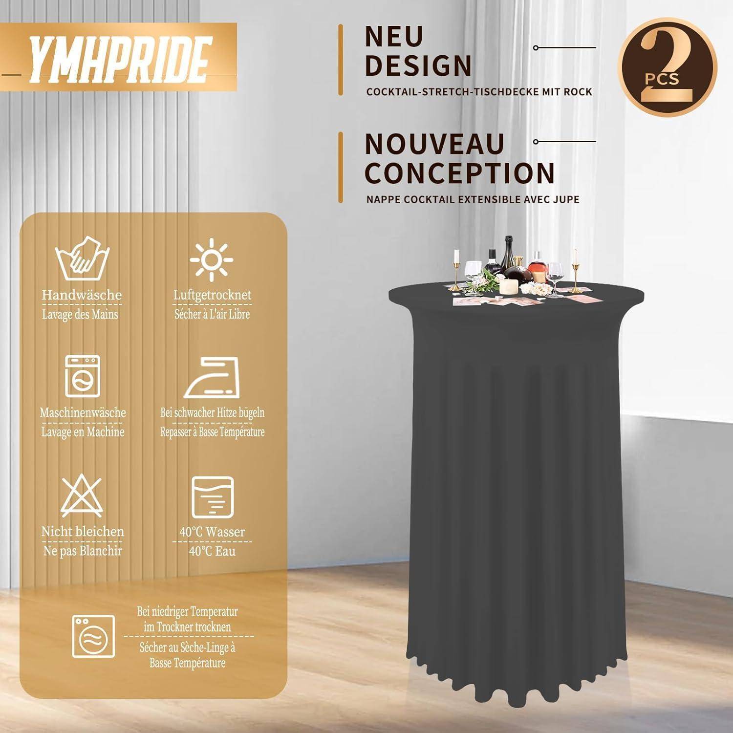 Werbebild mit einem schwarzen Cocktailtisch und Getränken, das sein neues Design sowie Merkmale wie Maschinenwäsche, Verwendung von 40°C Wasser und Hinweise zum Verzicht auf Bleichmittel hervorhebt.