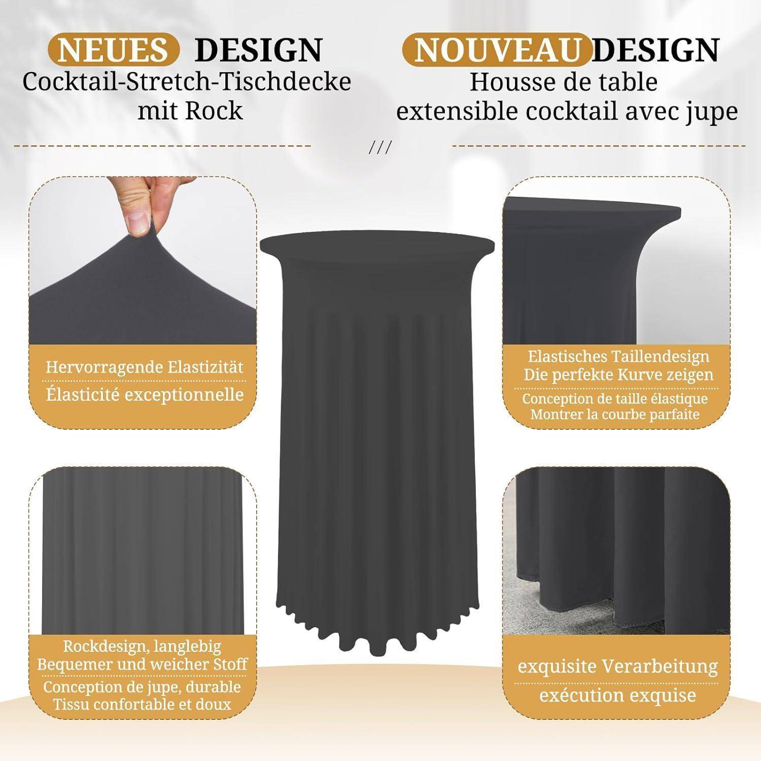 Neues Design Cocktail-Stretch-Tischdecke mit Rock und Nouveau Design Housse de table extensible cocktail avec jupe werden präsentiert. Das Bild vergleicht Tischdesigns und betont dabei Elastizität, perfektes Taillendesign, strapazierfähigen Stoff und exquisite Handwerkskunst.