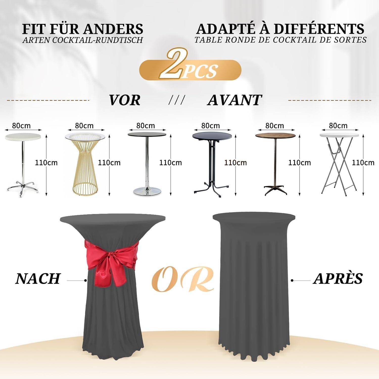 Zwei Cocktailtische mit einem 'Vorher-Nachher'-Design. Vorher: verschiedene Tischstile. Nachher: mit schwarzen Hüllen verhüllt, einer mit einem roten Band.