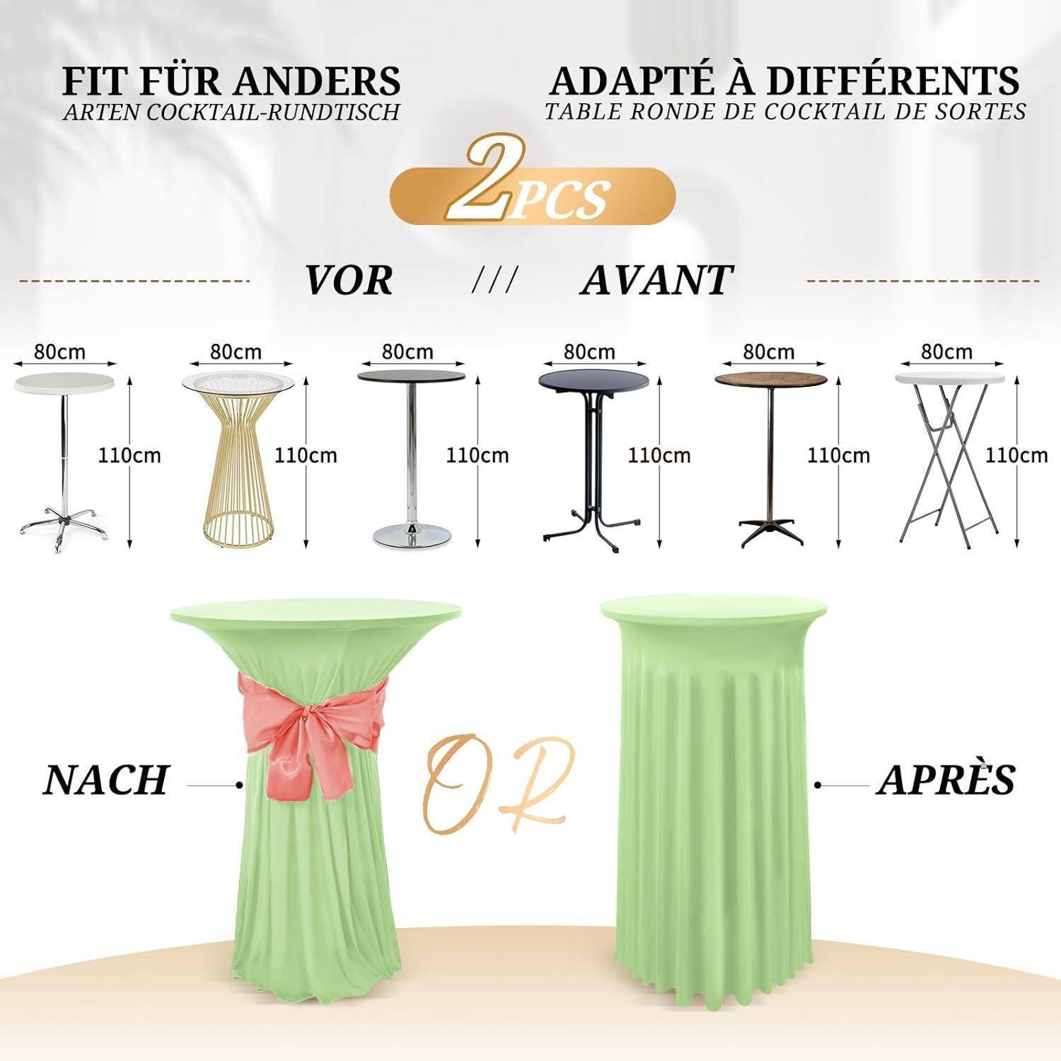 2 Stück passen zu verschiedenen Cocktailtisch-Stilen. Vorher: Bilder von sechs verschiedenen Tischen mit Maßangaben (80/110 cm). Danach: Tisch mit grünen und rosa Bezügen.