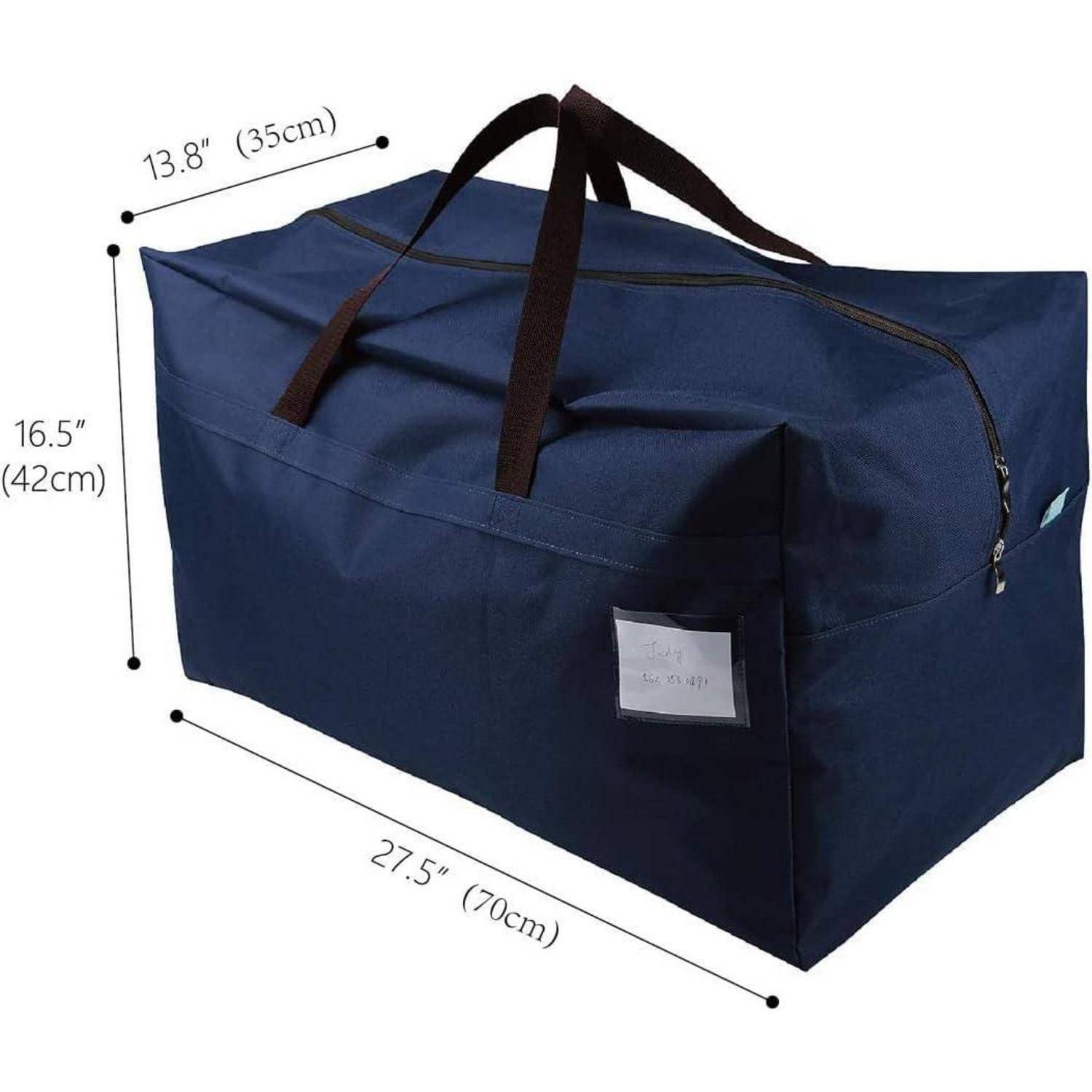 Ein großer marineblauer rechteckiger Reisekoffer mit schwarzen Griffen, der 27,5 Zoll lang, 16,5 Zoll hoch und 13,8 Zoll breit ist.