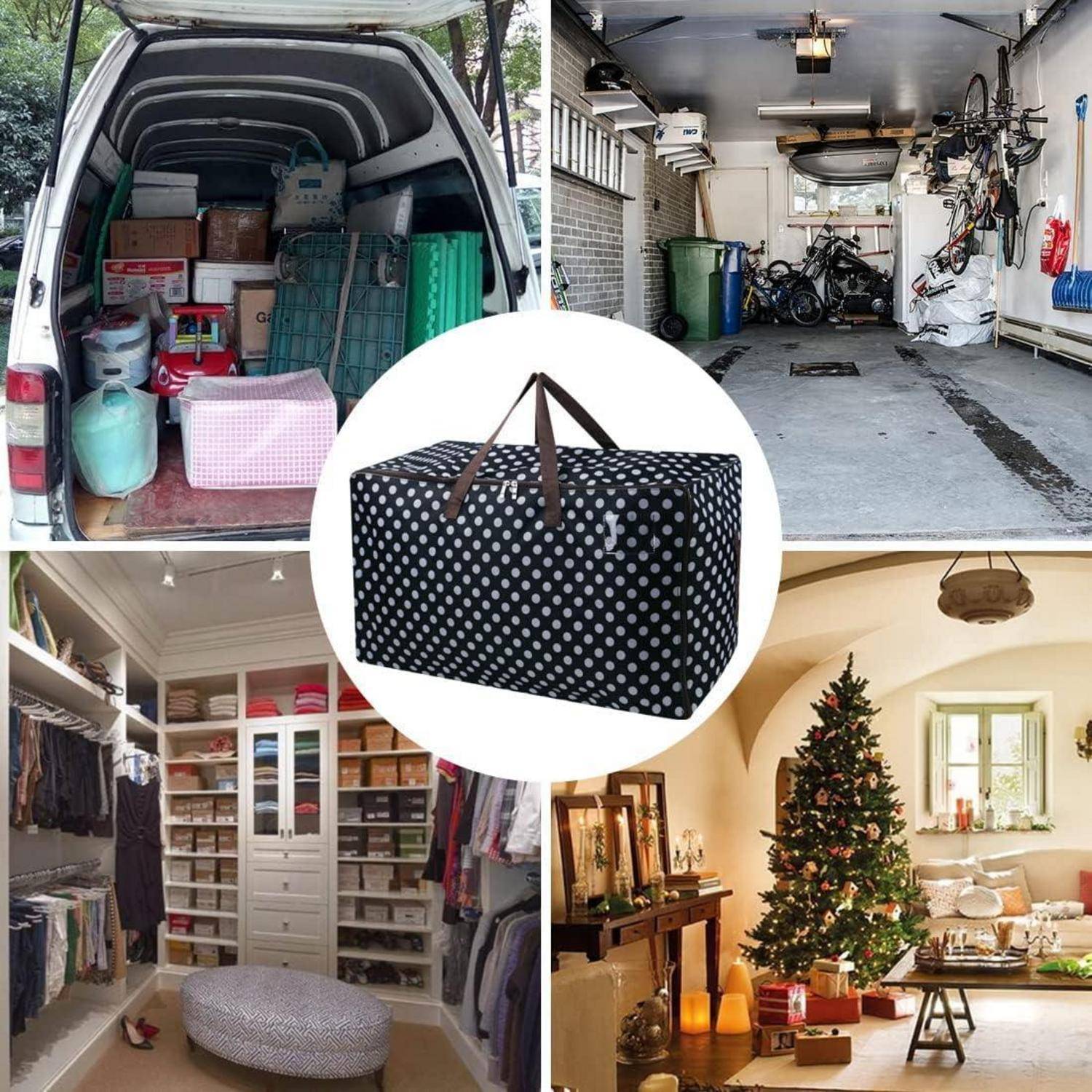 Kollage von Aufbewahrungsideen: Ein vollgepackter Van mit Kartons, eine Garage mit organisierten Regalen und Fahrrädern, ein Schrank mit ordentlich arrangierten Kleidern und ein Wohnzimmer mit geschmücktem Weihnachtsbaum.