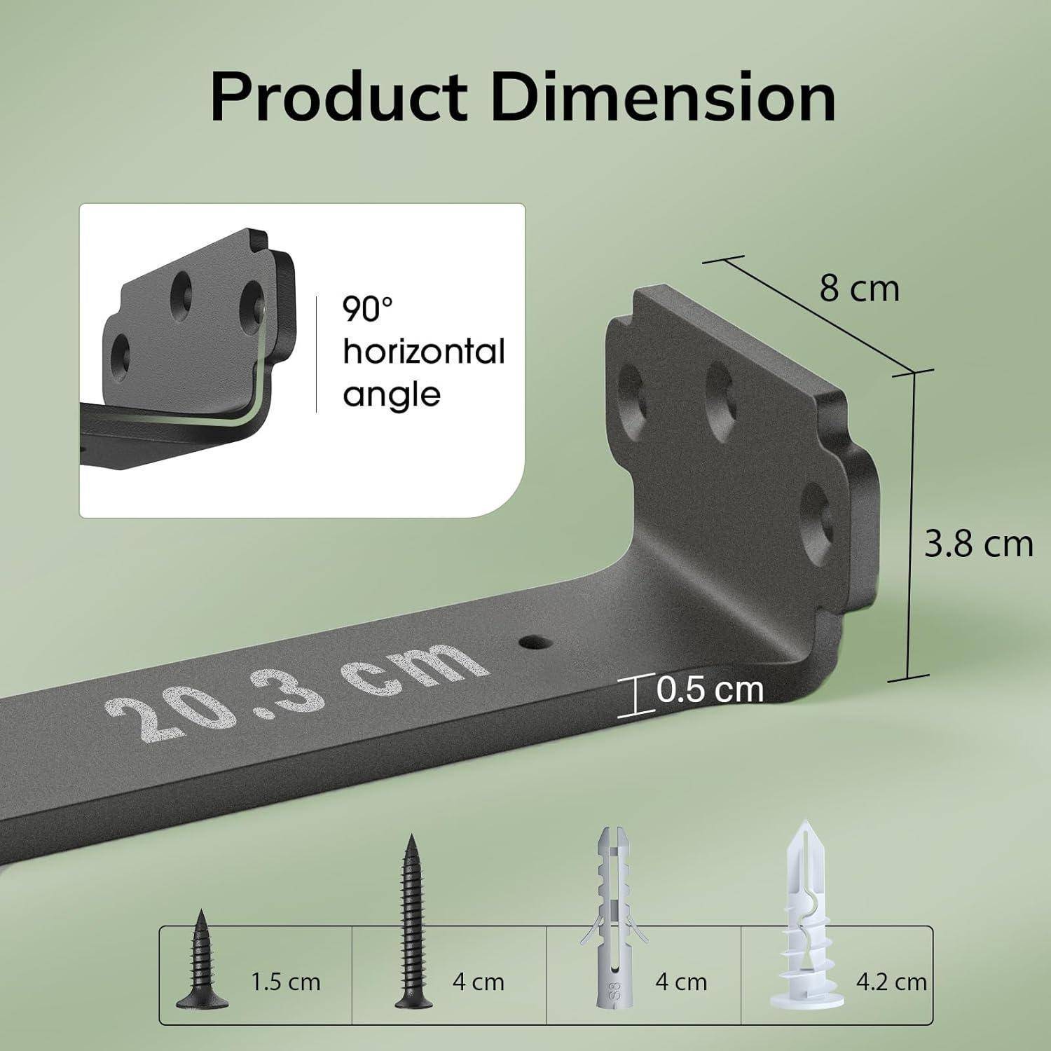 Halterung mit 'Produktabmessung' Beschriftung: 8 cm lang, 3,8 cm hoch, 20,3 cm breit mit 90°-Winkel. Inklusive Schrauben und Dübeln.