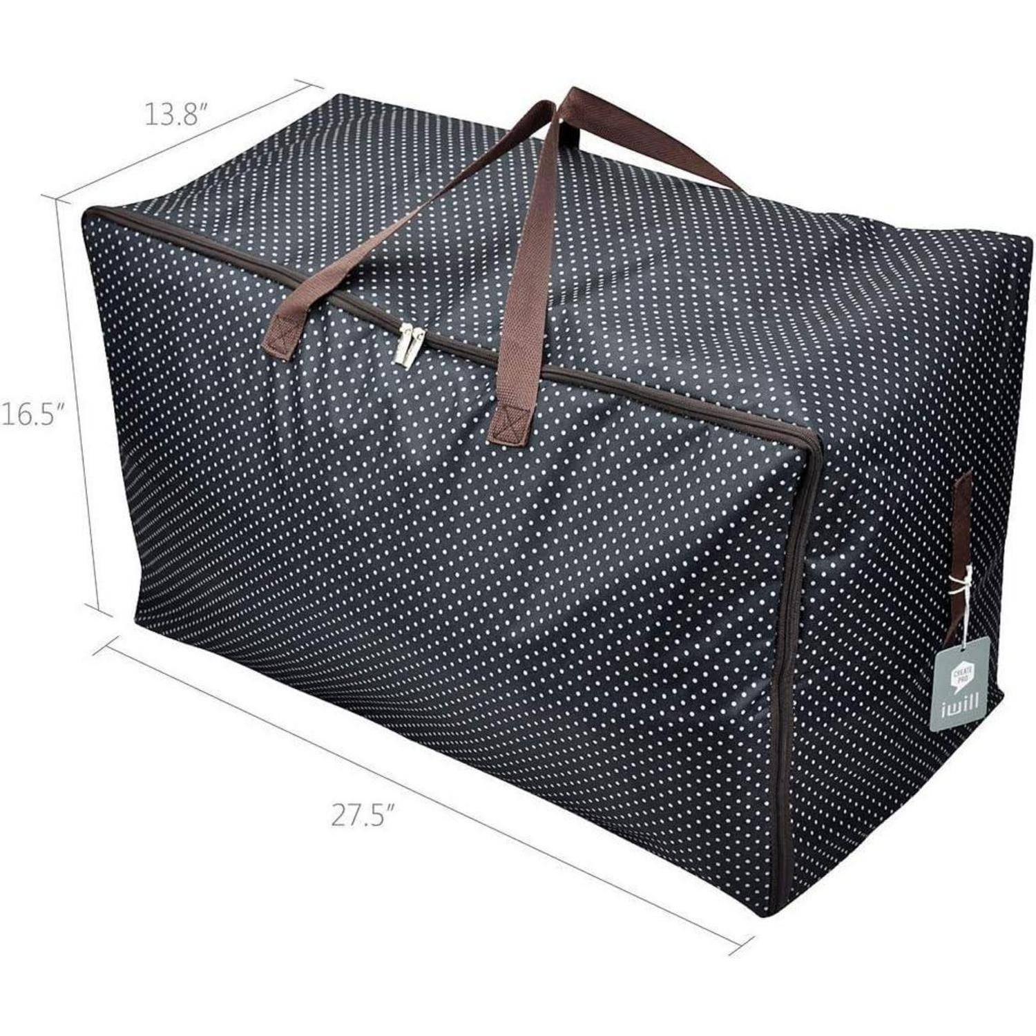 Große Aufbewahrungstasche in Schwarz-Weiß-Polkadot-Muster mit Maßen von 70 cm Länge, 42 cm Höhe, 35 cm Breite und braunen Griffen.