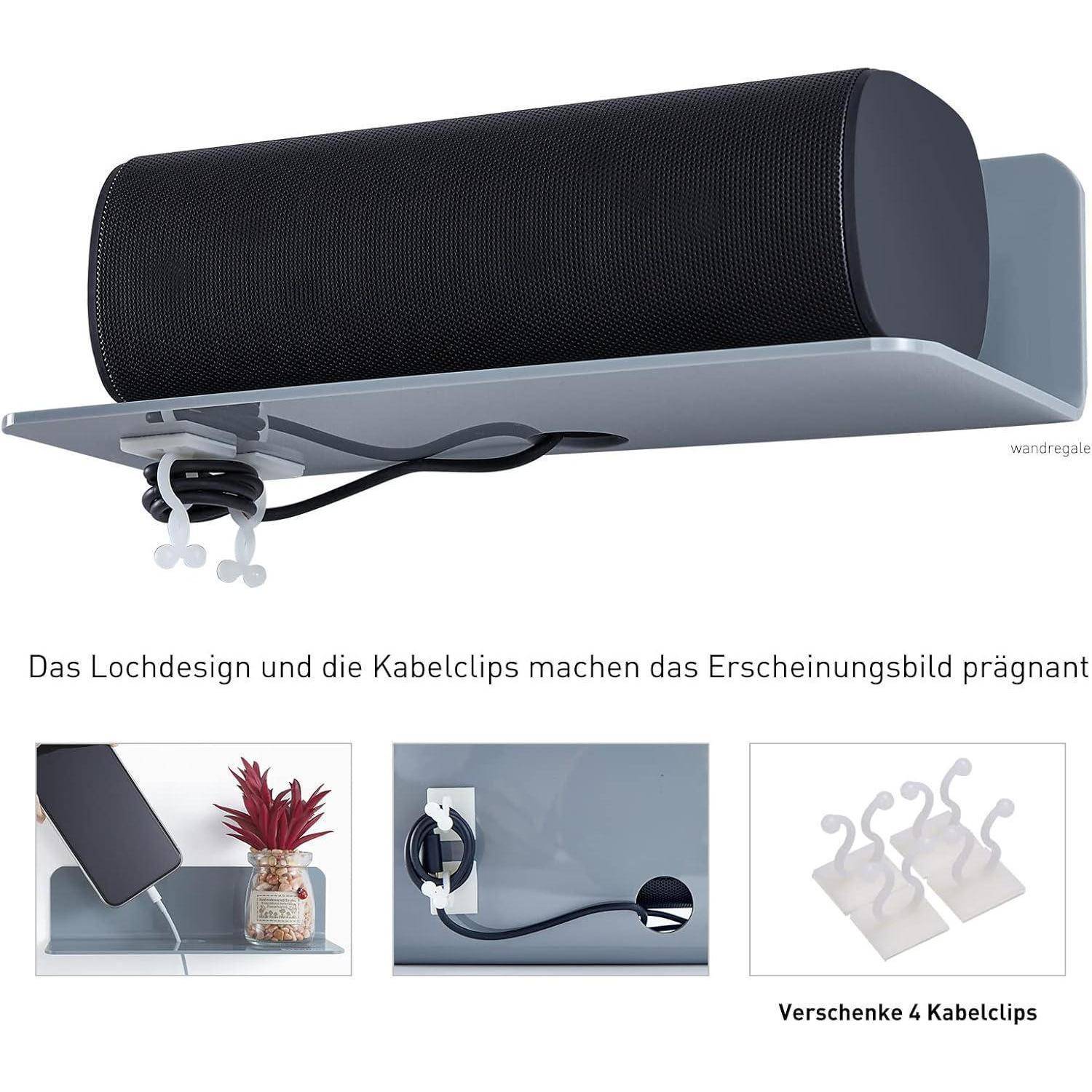Ein schwarzer Lautsprecher auf einem grau montierten Wandregal mit Kabelclips. Deutscher Text beschreibt die Auswirkungen des Designs und enthält Nahaufnahmen.