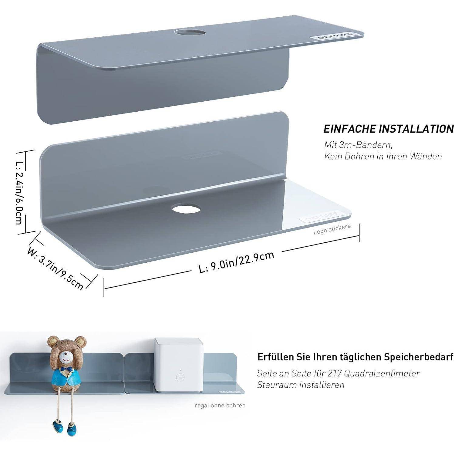 Wandregal mit einem Teddybären und einem Smart Speaker. Abmessungen: L: 9,0 Zoll, B: 3,7 Zoll, H: 2,4 Zoll. Text: 'Einfache Installation'.