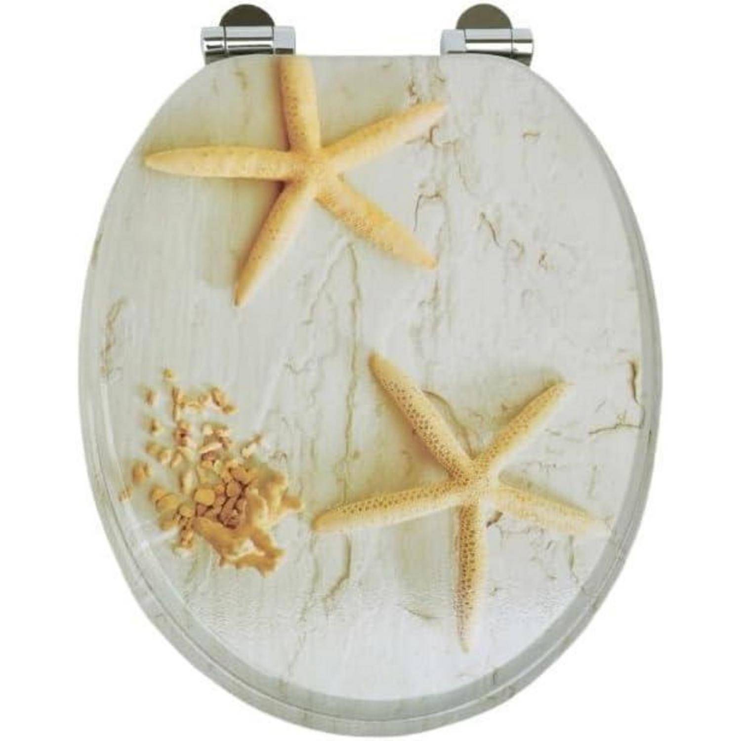 Toilettendeckel mit Seesternchen und Muscheln-Design auf einem hellen, strukturierten Hintergrund.