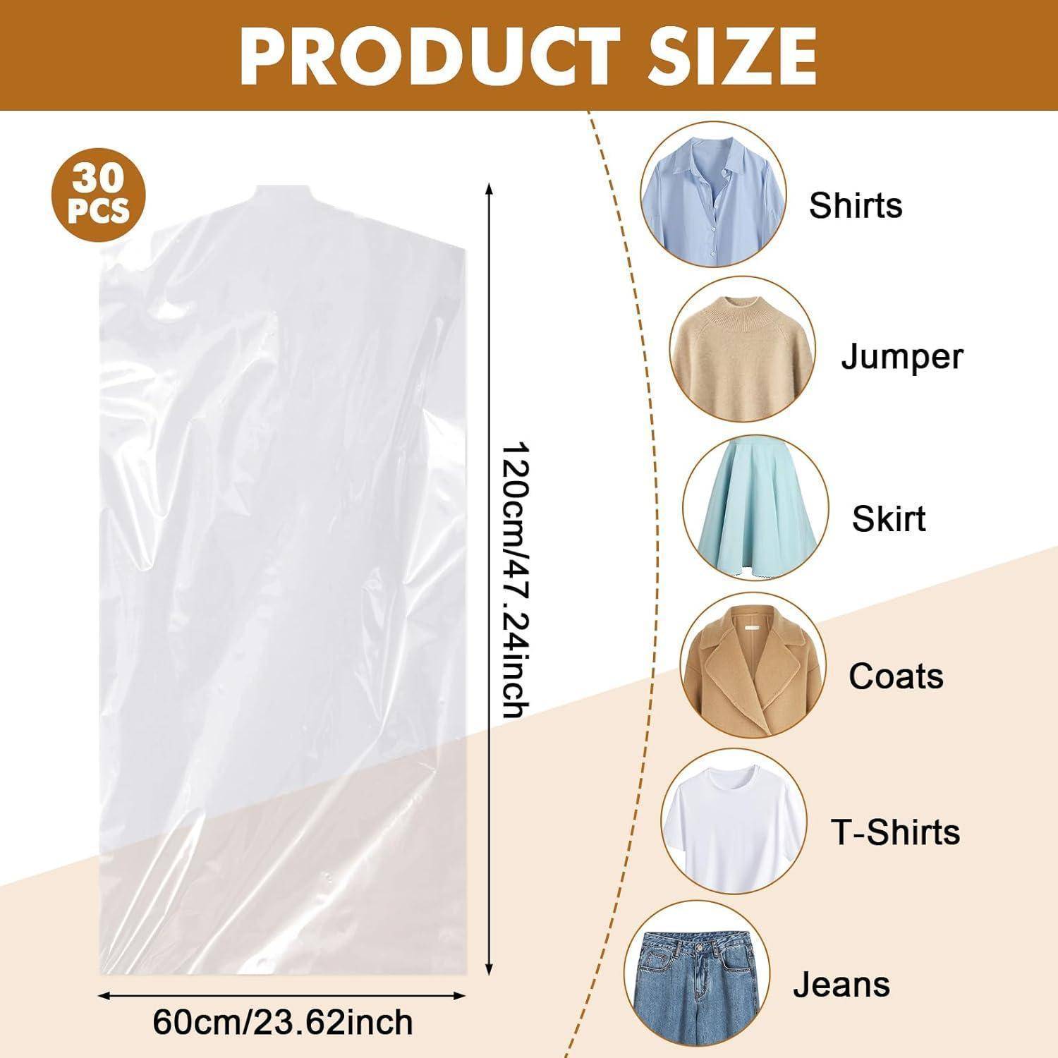 Größenratgeber für Produkte: 30 Stück Aufbewahrungsbeutel mit den Maßen 60cm x 120cm zum Verstauen von Hemden, Pullover, Röcken, Mänteln, T-Shirts und Jeans.