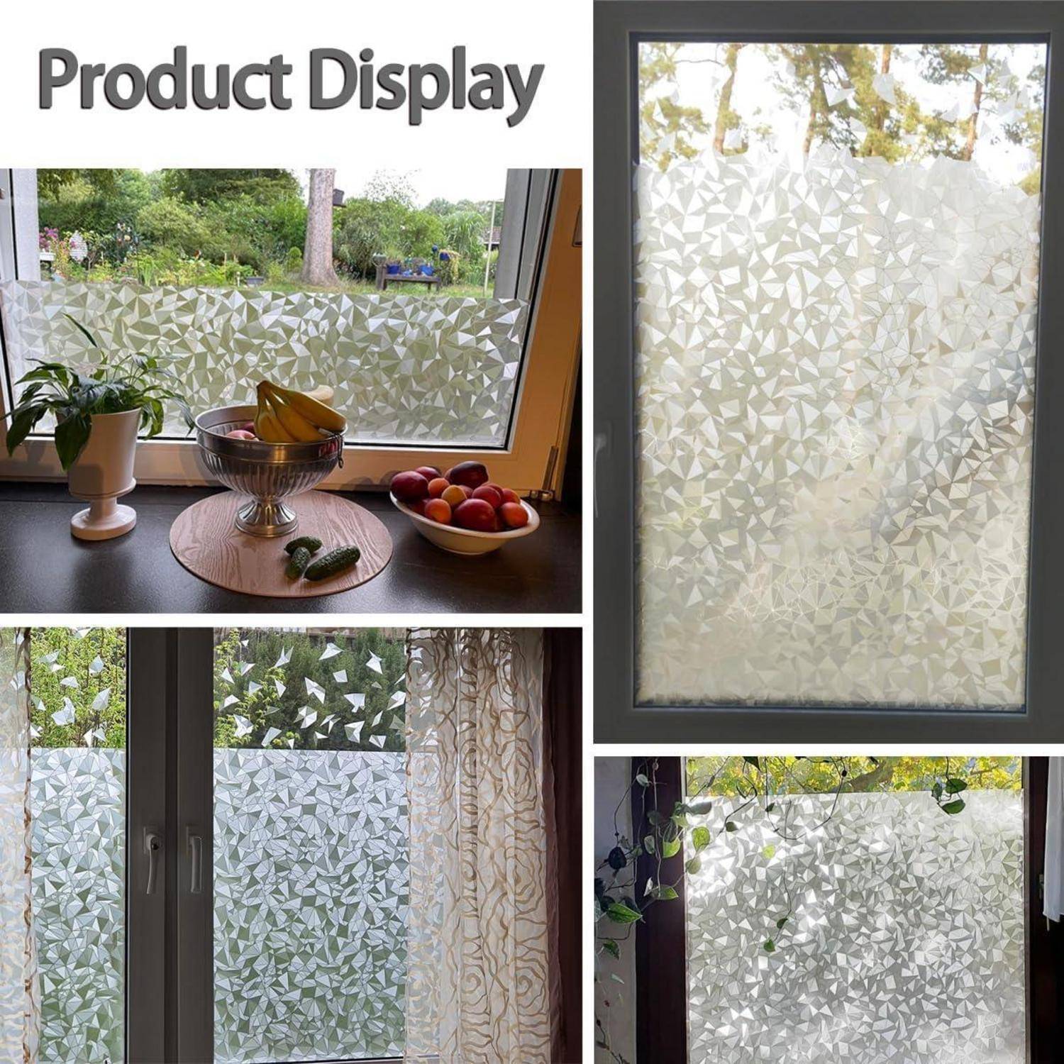 Fenster, das mit dekorativer Frostfolie mit Blattmustern bedeckt ist. Die Darstellung umfasst verschiedene Licht- und Privatsphäreneffekte, mit Obstschalen am Fenster.