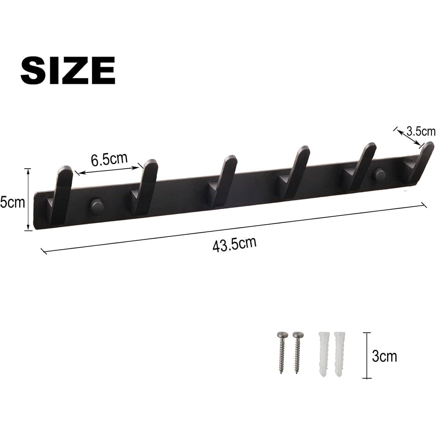 Wandgarderobe Abmessungen: Länge 43,5 cm, Höhe 5 cm, Haken-Abstand 6,5 cm. Inklusive Schrauben und Dübeln zur Wandmontage.