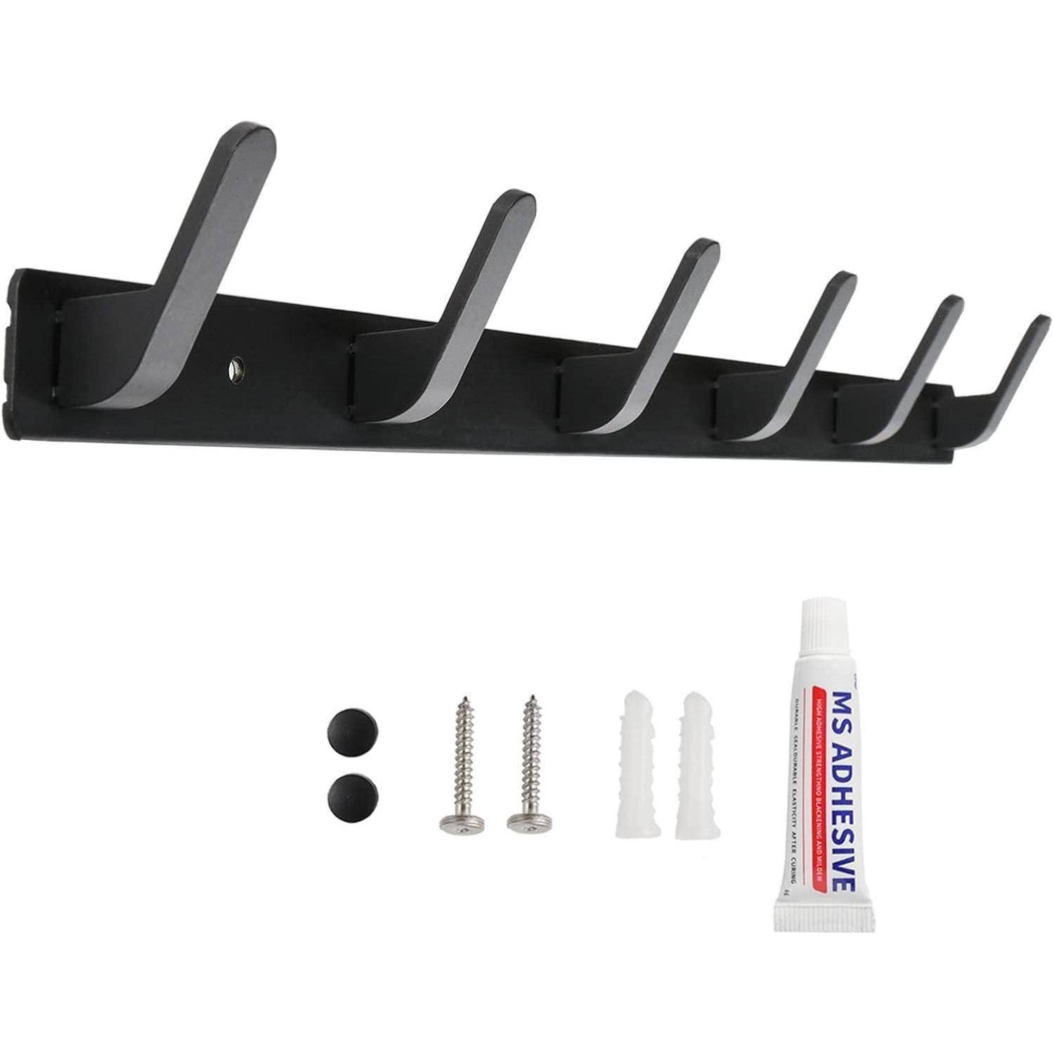 Wandhaken-Garderobe mit sechs Haken, Schrauben, Dübeln und Klebstoff zur Montage.