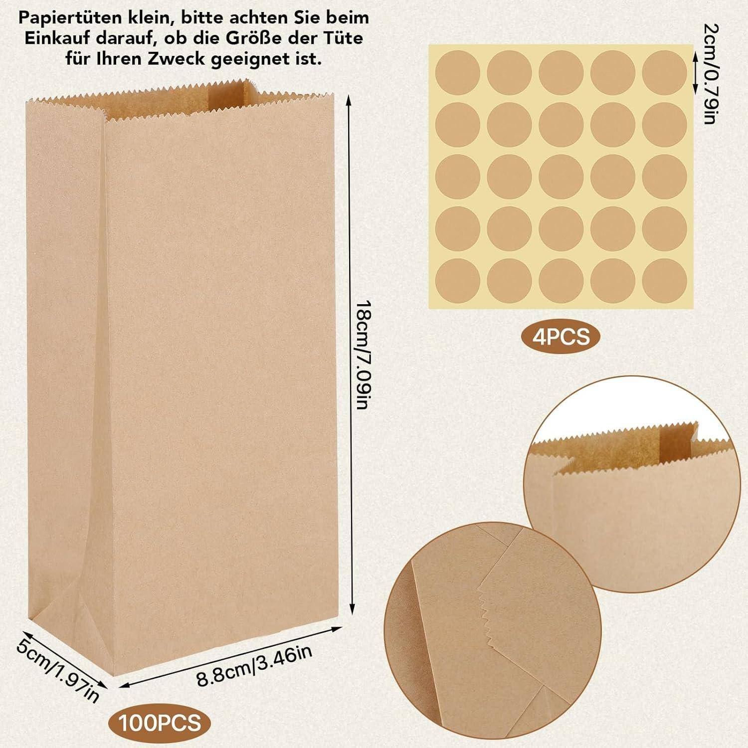Braune Papiertüten Abmessungen: 18cm x 8,8cm x 5cm (7,09 Zoll x 3,46 Zoll x 1,97 Zoll), enthält 100 Tüten und 4 Aufbogenbogen (2cm/0,79 Zoll pro Bogen).