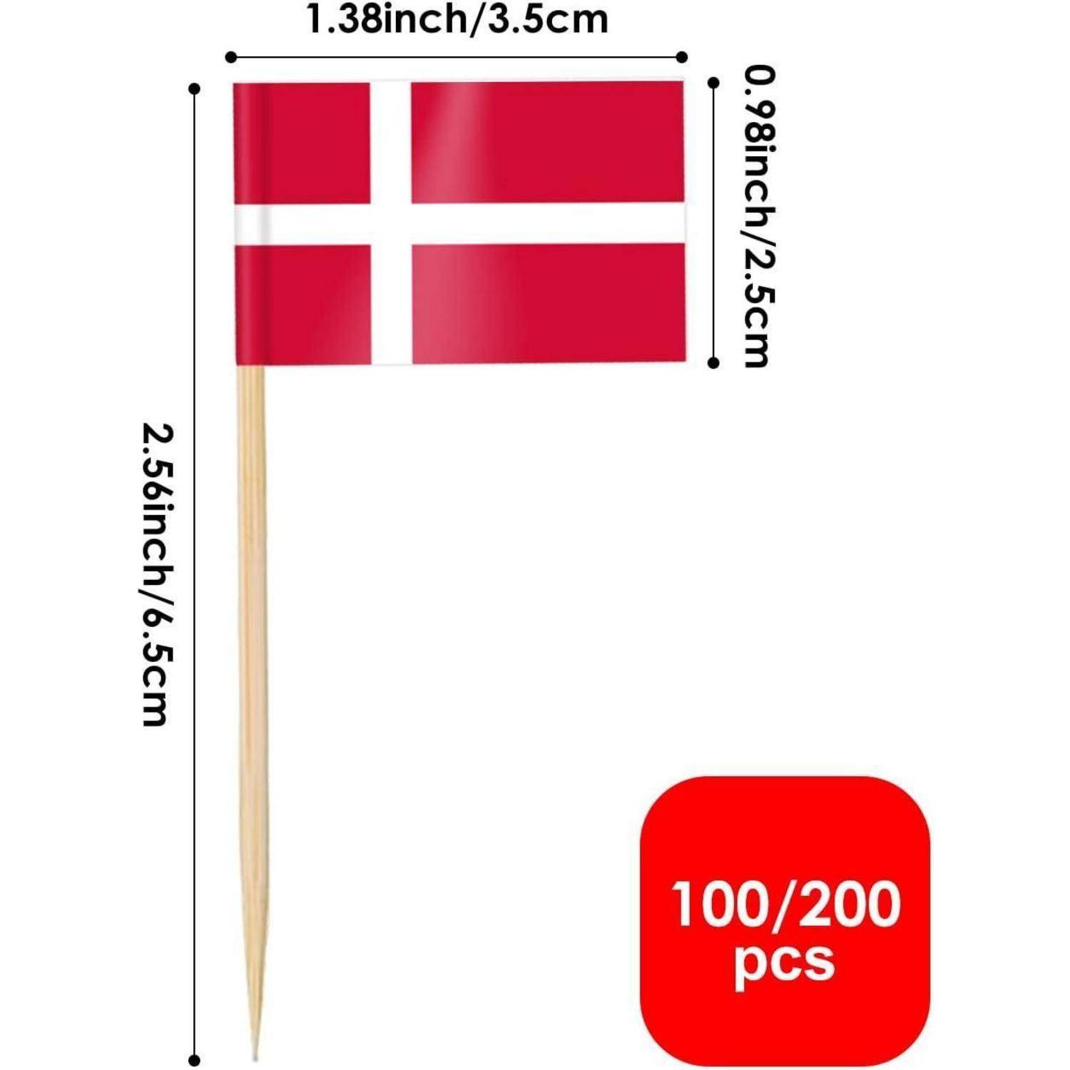 Kleine Flagge an einem Stab, rot mit einem weißen Kreuz, misst 1,38 x 0,98 Zoll. Enthält den Text '100/200 Stück' auf einem roten Quadrat.