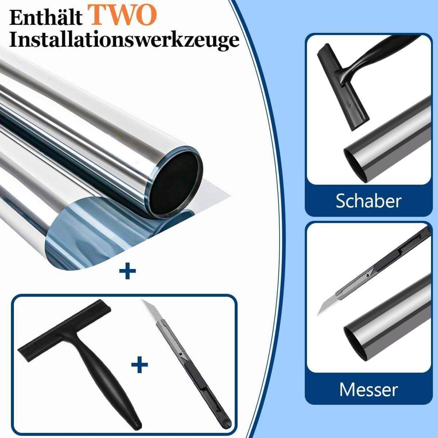 Zwei Installationswerkzeuge, ein Spatel und ein Messer, sind neben metallischen Zylindern abgebildet. Text lautet 'Enthält zwei Installationswerkzeuge'.