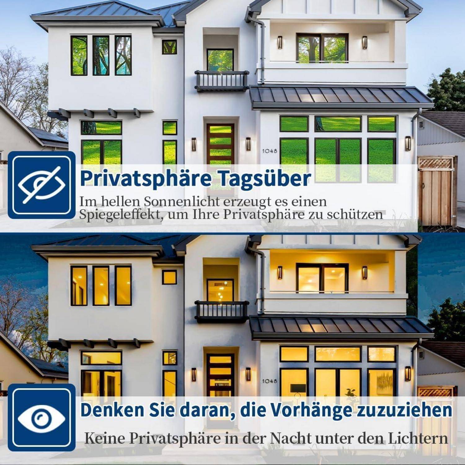 Oberes Bild: Modernes Haus mit Text 'Privatsphäre Tagsüber', was Blendschutz für Privatsphäre andeutet. Unteres Bild: Gleiches Haus bei Nacht beleuchtet, mit Text, der zur Verwendung von Vorhängen für Privatsphäre rät.