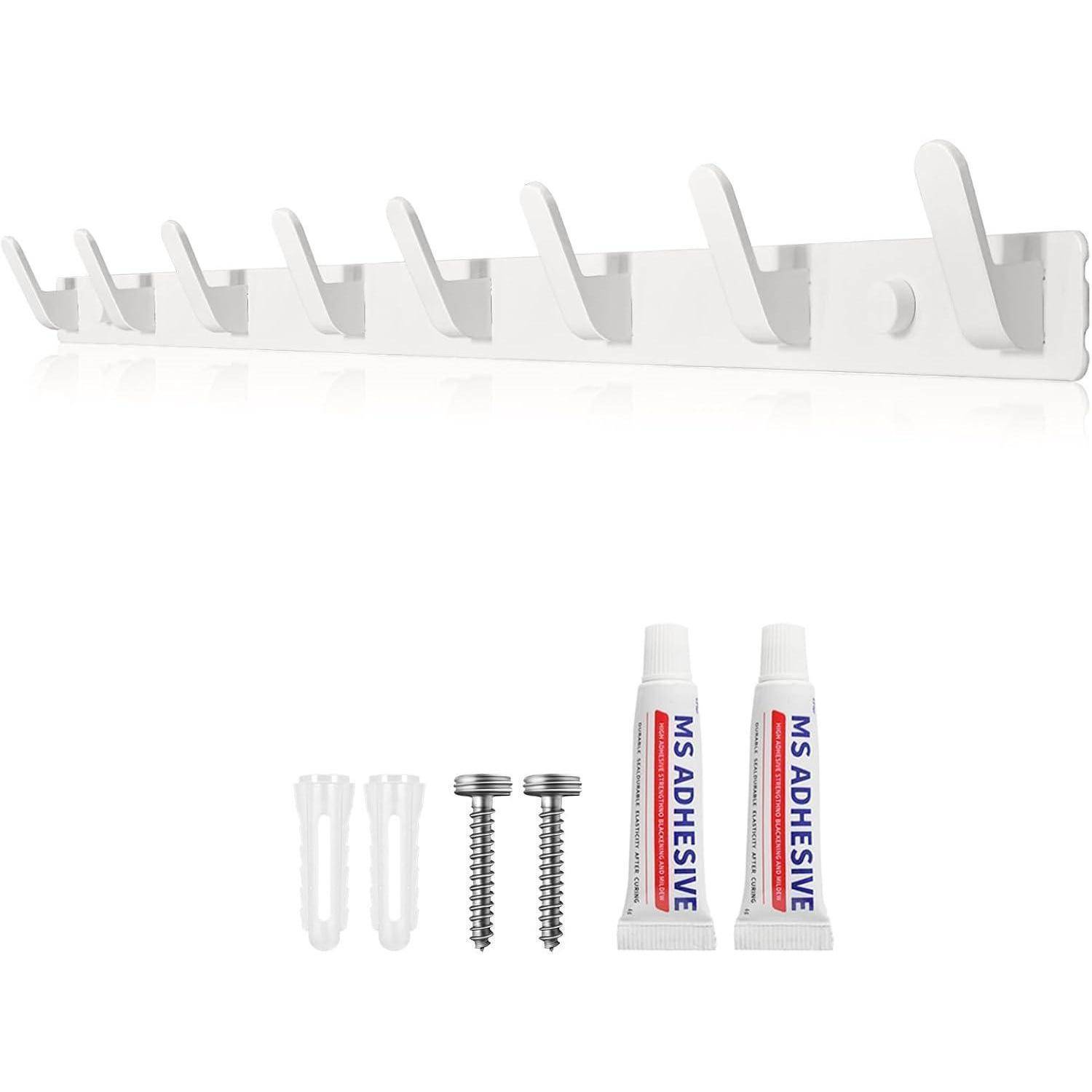 Wandgarderobe mit sechs klappbaren Haken, inklusive Schrauben, Dübeln und Befestigungstuben für die Installation.