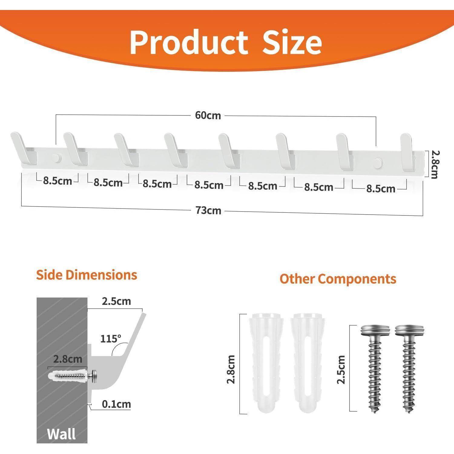 Größendarstellung des Produkts' Diagramm, das einen Wandhaken-Halter mit folgenden Abmessungen zeigt: Gesamtlänge 73 cm, jedes Segment 8,5 cm, Höhe 2,8 cm. Enthält seitliche Abmessungen und weitere Komponenten wie Schrauben und Dübel.