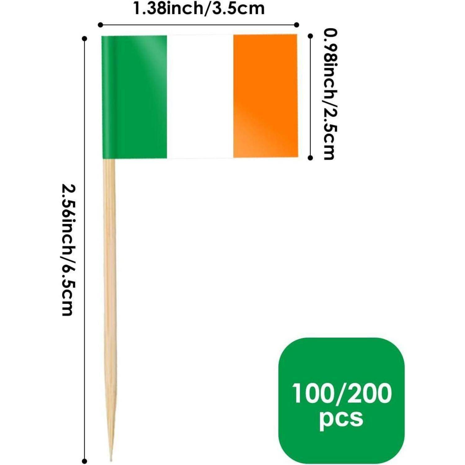 Irische Flagge Zahnstocher mit grünen, weißen und orangefarbenen vertikalen Streifen. Abmessungen: 1,38 x 0,98 Zoll. Enthält 100 Stück.