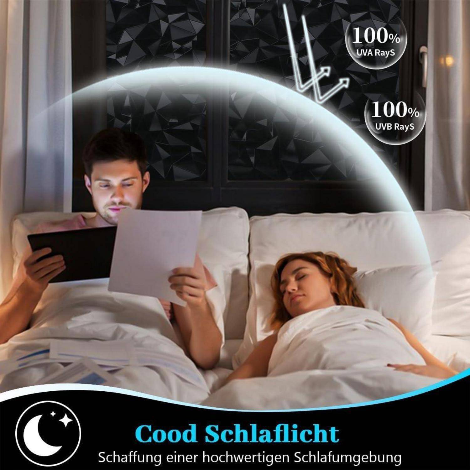 Ein Mann und eine Frau im Bett, unter einem Lichtschein von einem Fenster, das UV-Strahlen blockiert. Der Text lautet 
