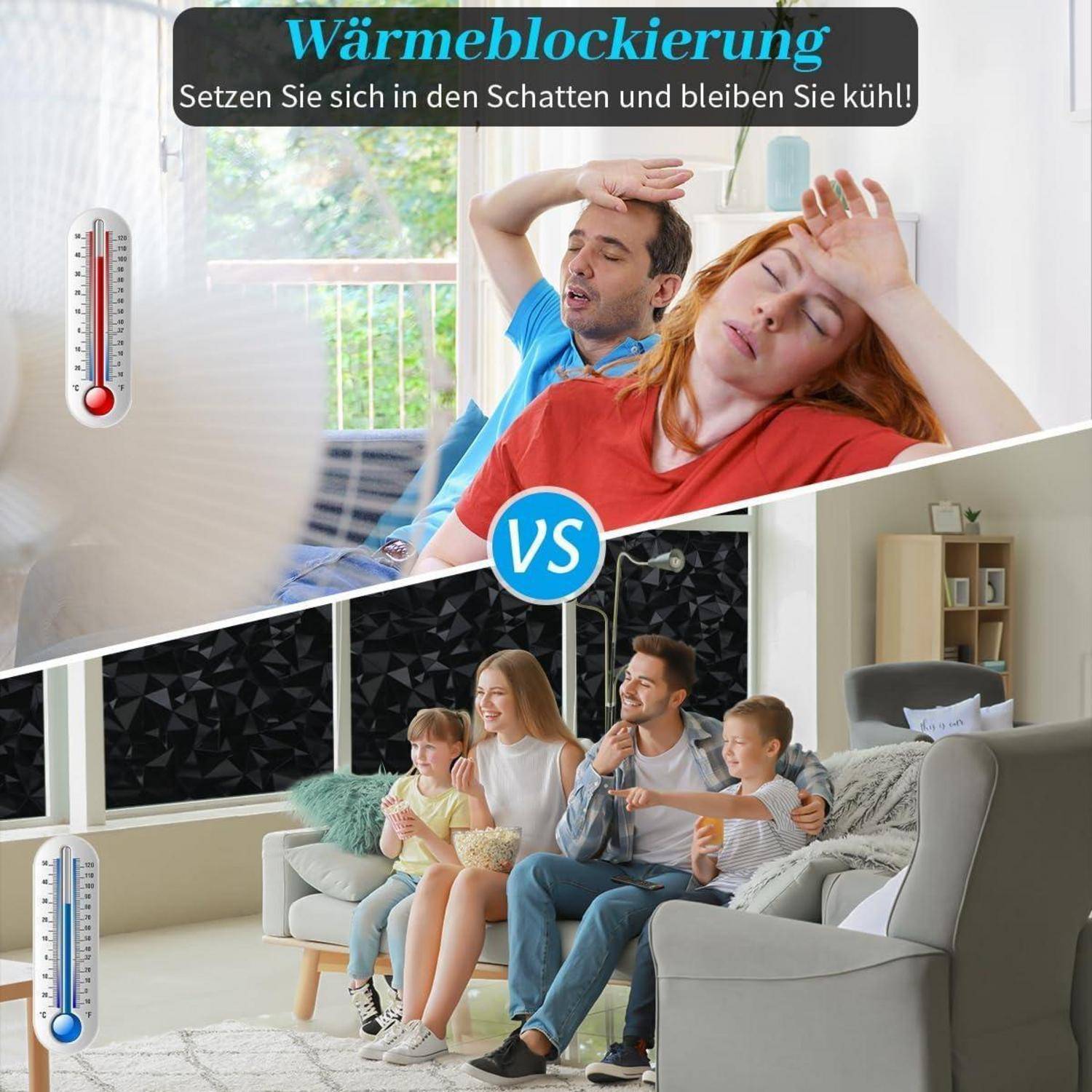 Wärmeblocker: Suchen Sie den Schatten auf und bleiben Sie kühl!' Illustration, die den Unterschied zwischen Unbehagen in der Hitze und Komfort im Schatten zu Hause vergleicht.