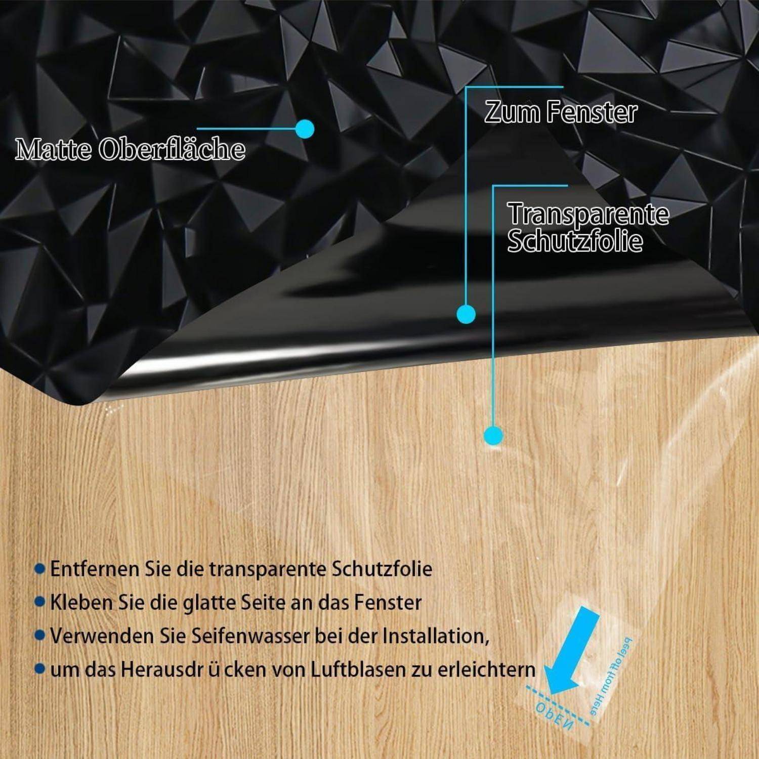 Schwarze, strukturierte Fensterfolie mit matter Oberfläche. Beschriftet auf Deutsch: 
