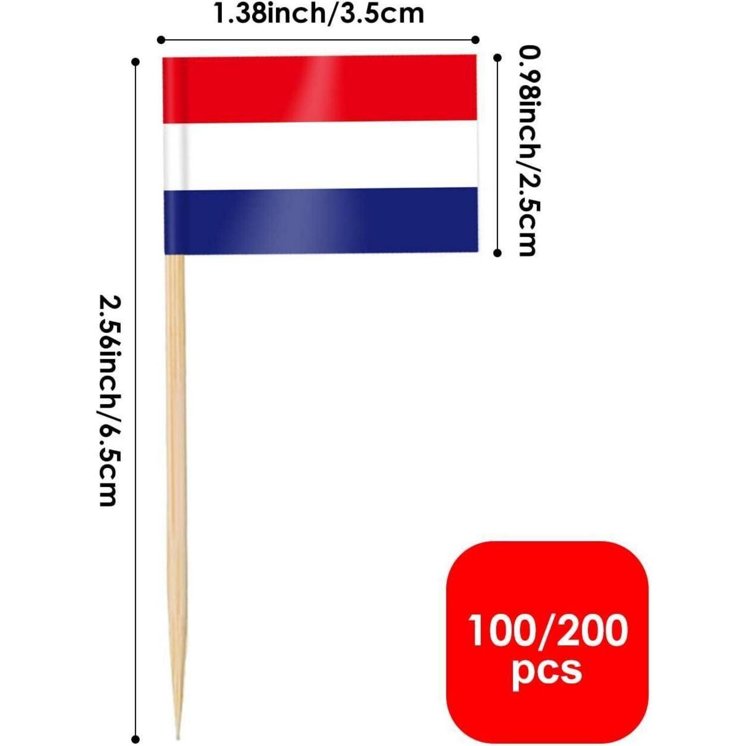 Das Bild zeigt eine kleine Zahnstocherflagge mit roten, weißen und blauen Horizontalstreifen, die 1,38 x 0,98 Zoll misst. Der Text besagt '100/200 Stück'.