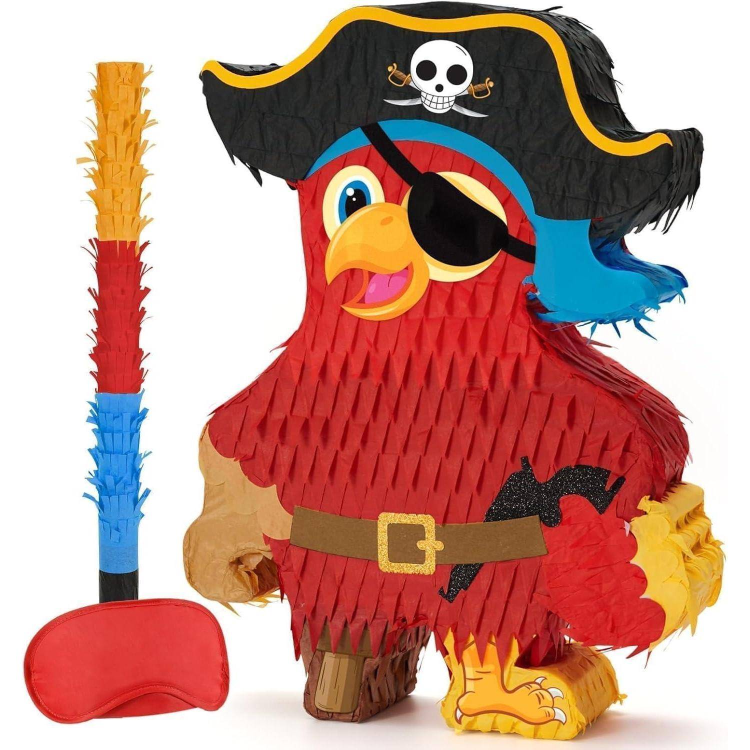 Eine bunt gefärbte papageienförmige Piñata mit Piratenhut und Augenklappe, daneben ein passendes, mehrfarbiges Schlagholz.