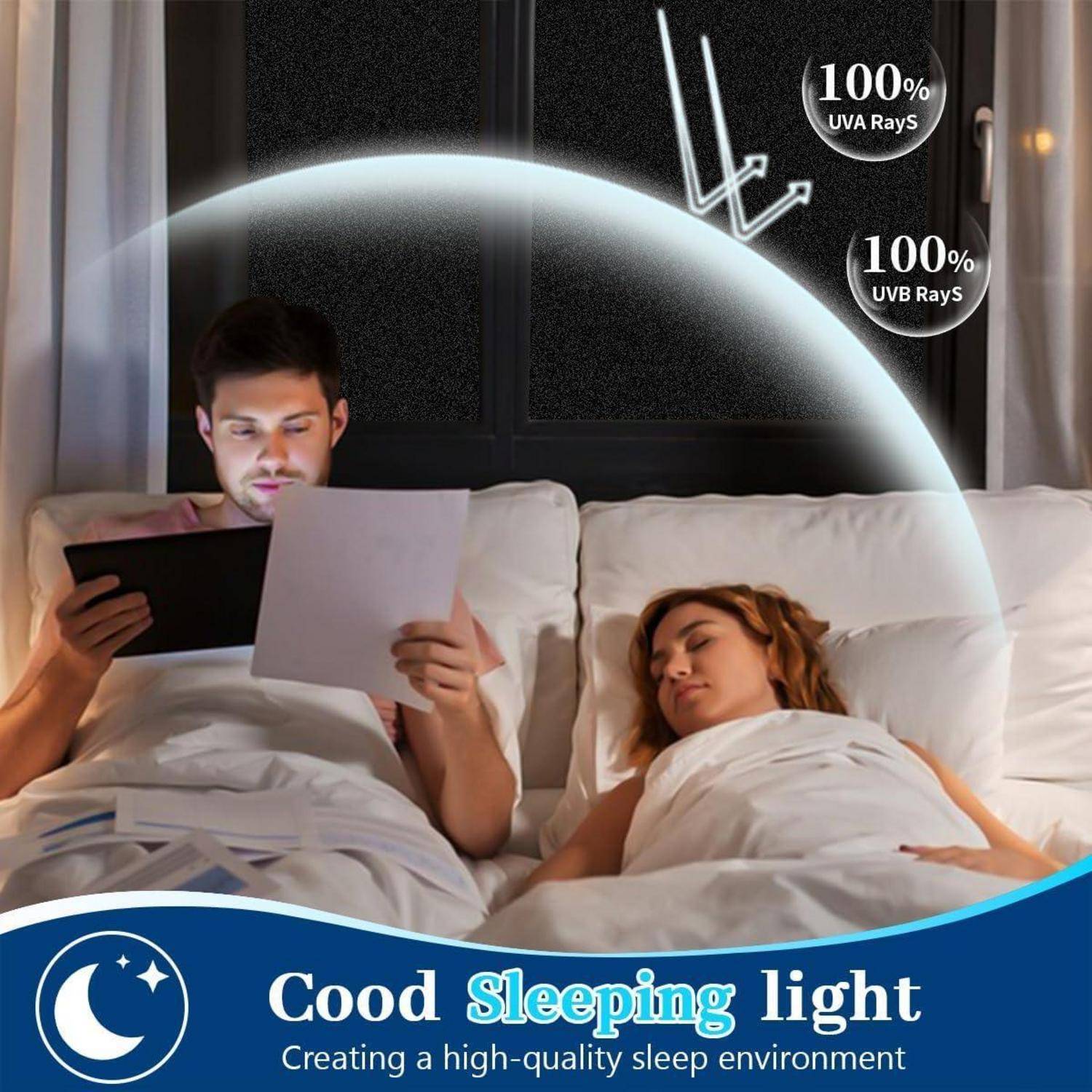 Ein Mann, wach und lesend, hält ein Tablet im Bett. Eine Frau schläft neben ihm. Text besagt '100% UVA-Strahlen' und '100% UVB-Strahlen'.