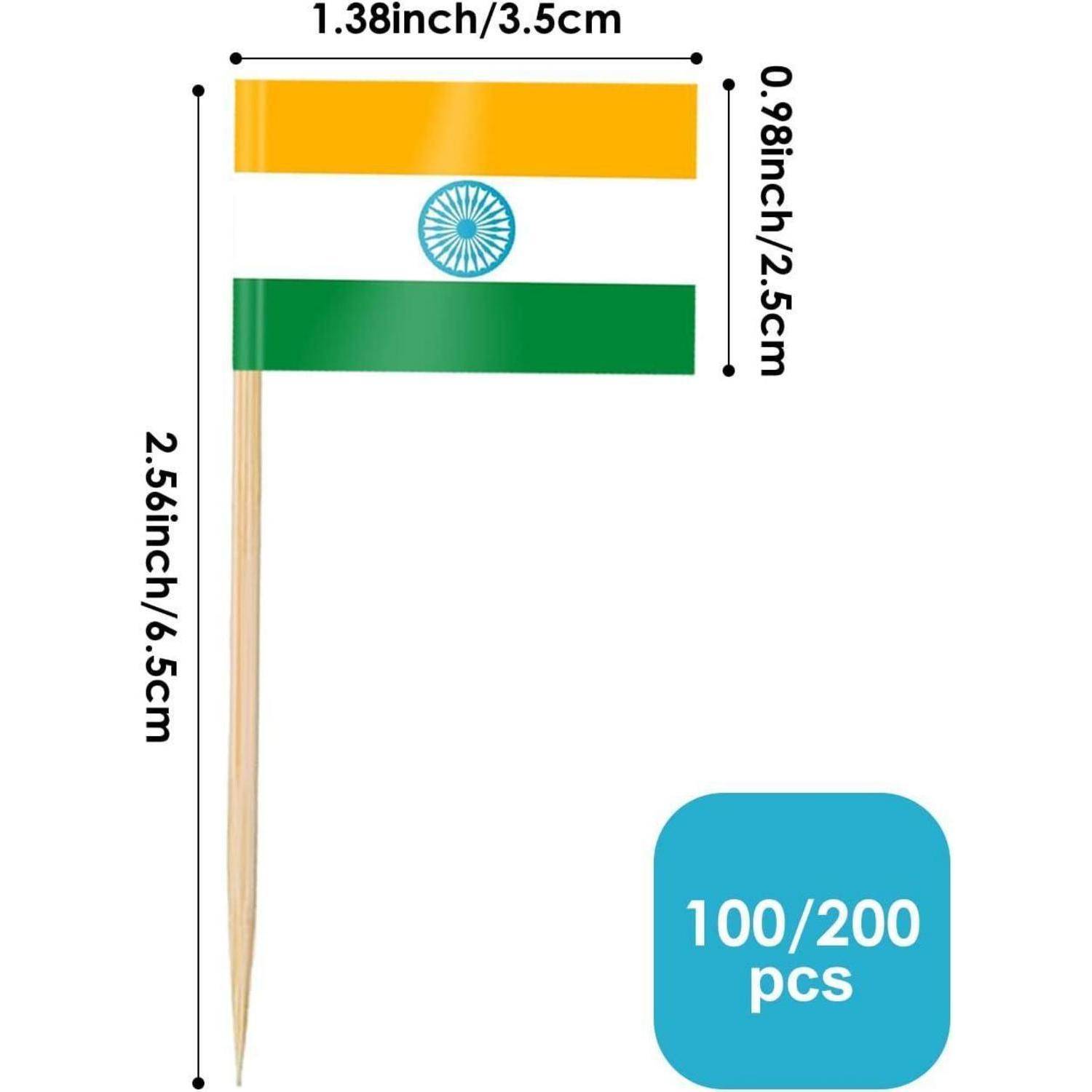 Indische Flagge auf einem Stab mit den Abmessungen: 3,51 cm x 2,49 cm. Verkauft in Packungen mit 100 oder 200 Stück.