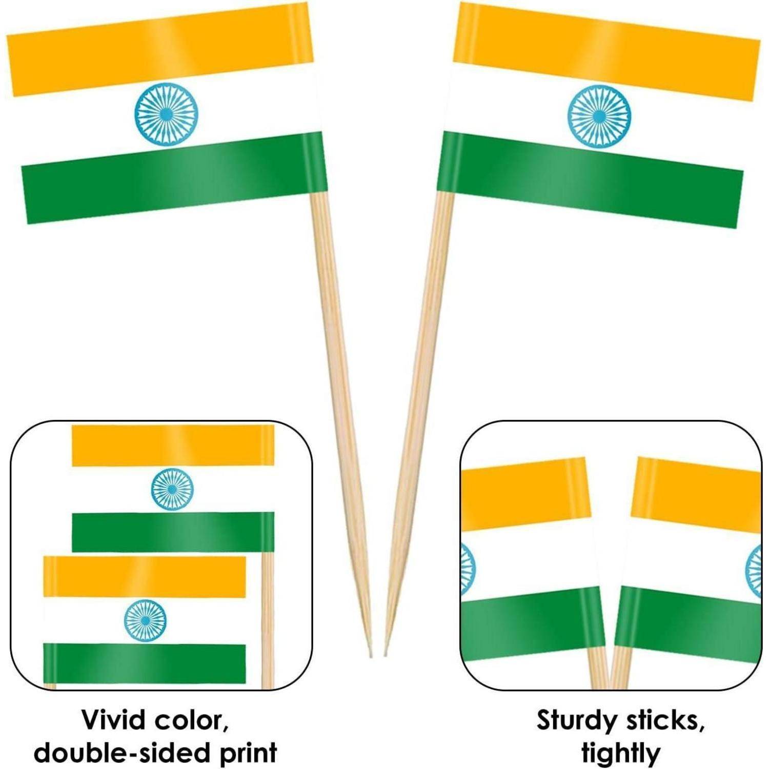 Zwei kleine indische Flaggen auf Stäben. Zusätzliche Bilder zeigen Doppelseitendruck und betonen leuchtende Farben. Text hebt robuste Konstruktion hervor.