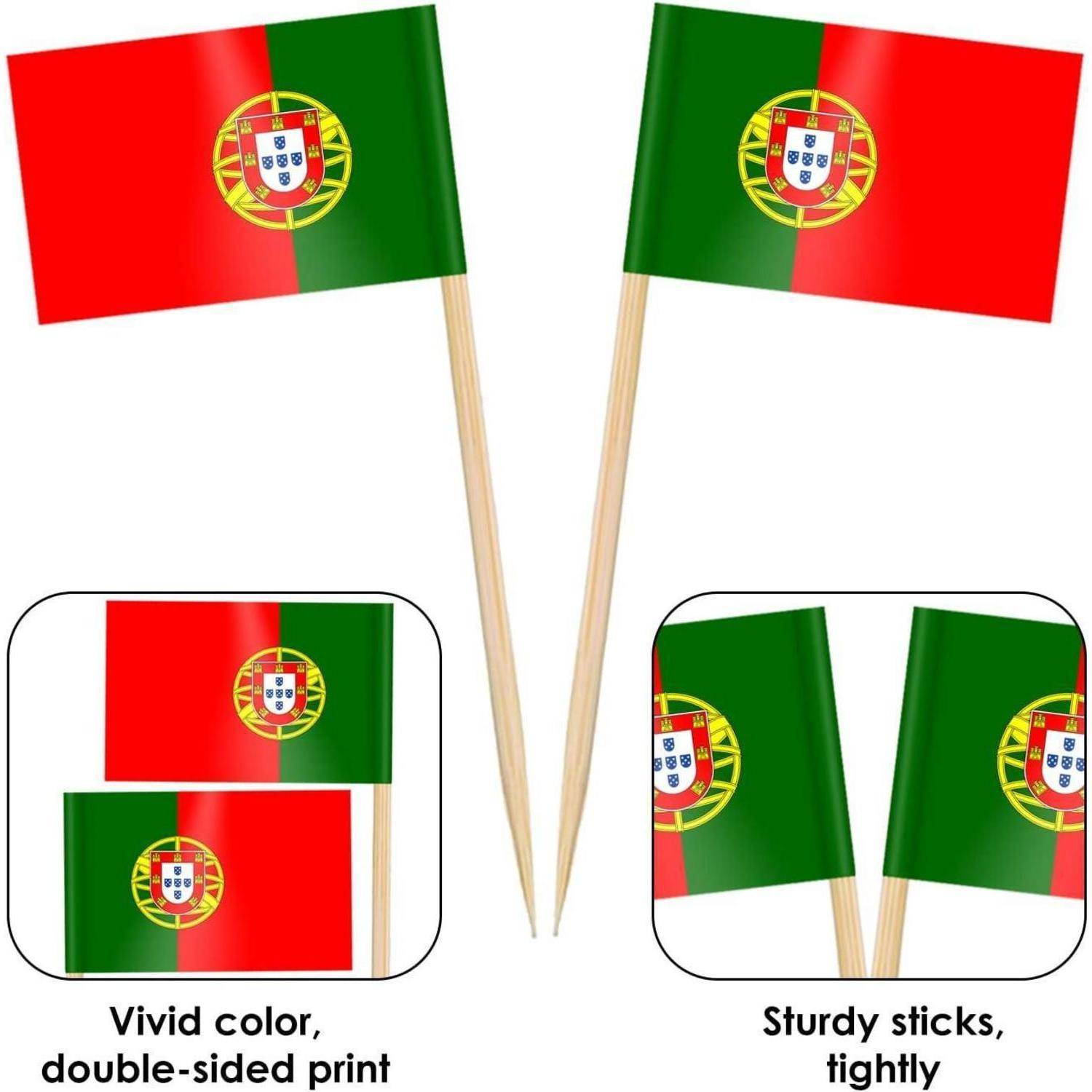 Zwei kleine Portugal-Flaggen auf Stäben mit lebendigen Farben und beidseitigem Druck. Der Text hebt den leuchtenden Druck und die robuste Konstruktion hervor.