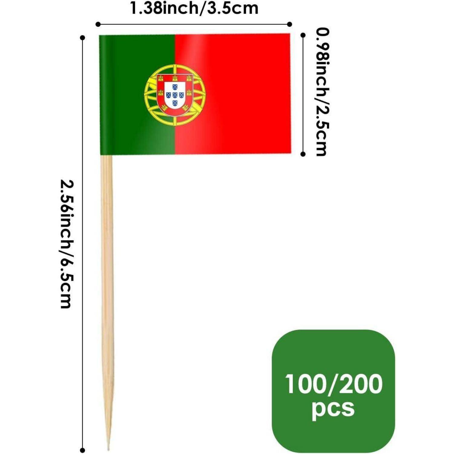 Kleine Zahnstocherflagge mit der Nationalflagge von Portugal. Maße: 3,5 x 2,5 cm, Flaggenhöhe 6,5 cm. Packung mit 100/200 Stück.