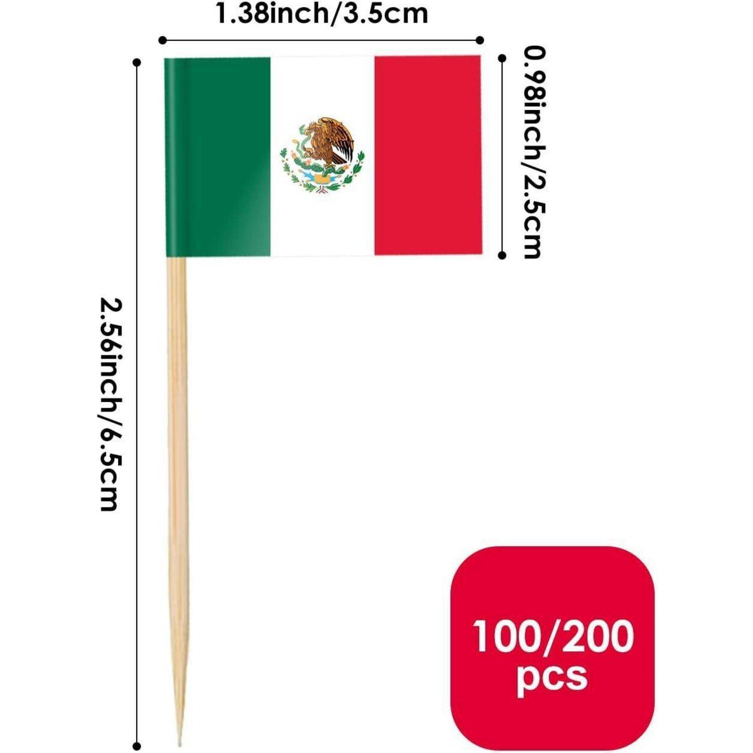 Mexikanische Flagge Zahnstocher, Abmessungen: 3,5 x 2,5 cm; Packung mit 100/200 Stück, nützlich für Dekoration oder Veranstaltungen.