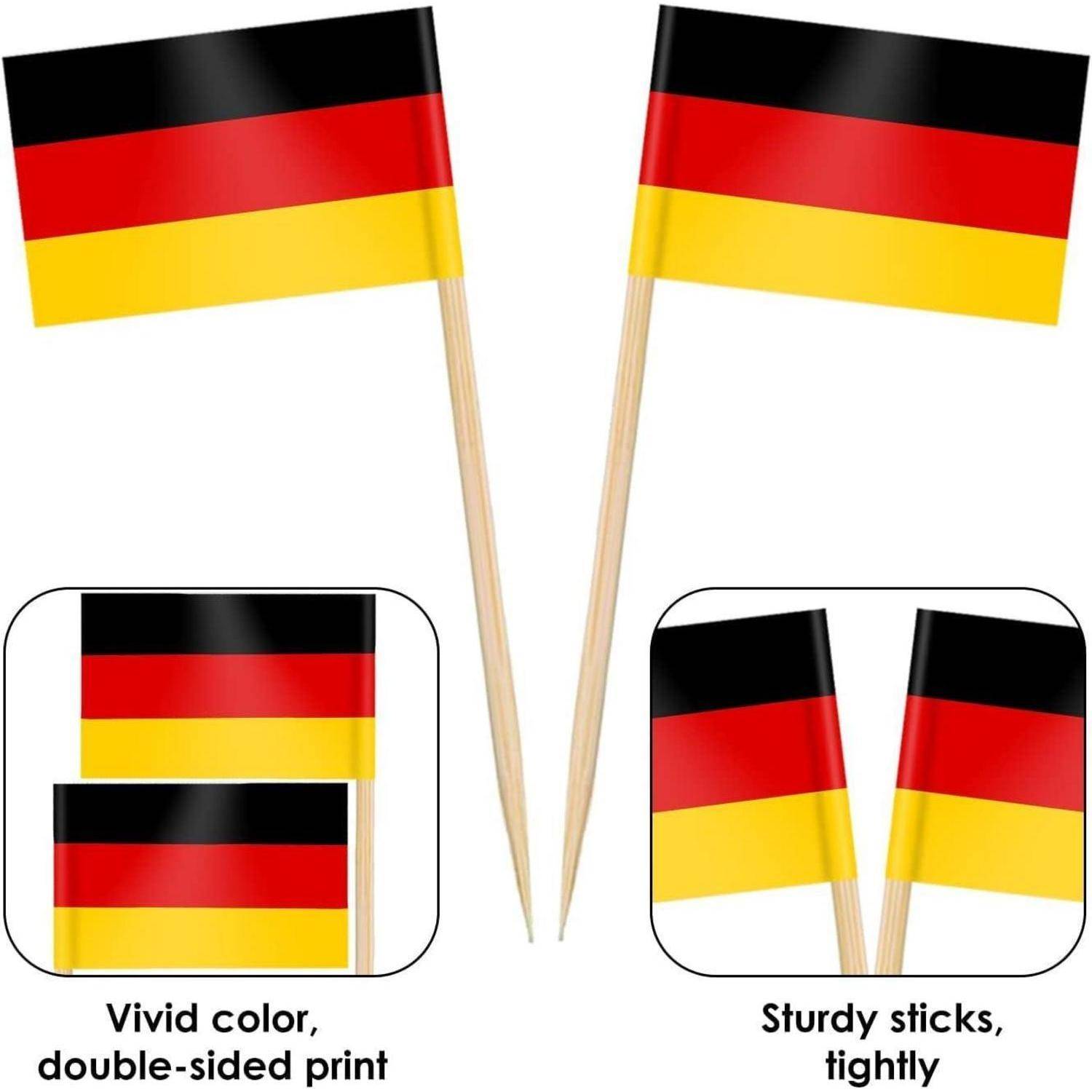 Zwei kleine deutsche Flaggen auf Holzstäben zeigen lebhafte Farben. Text lautet: „Lebhafte Farbe, beidseitiger Druck