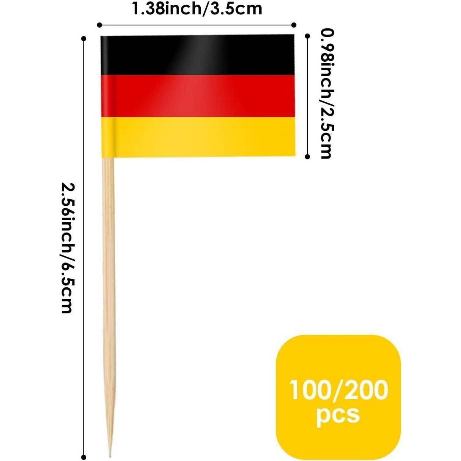 Eine kleine deutsche Flagge Zahnstocher mit beschrifteten Maßen: 1,38 Zoll mal 0,98 Zoll. Verpackung zeigt '100/200 Stück'.