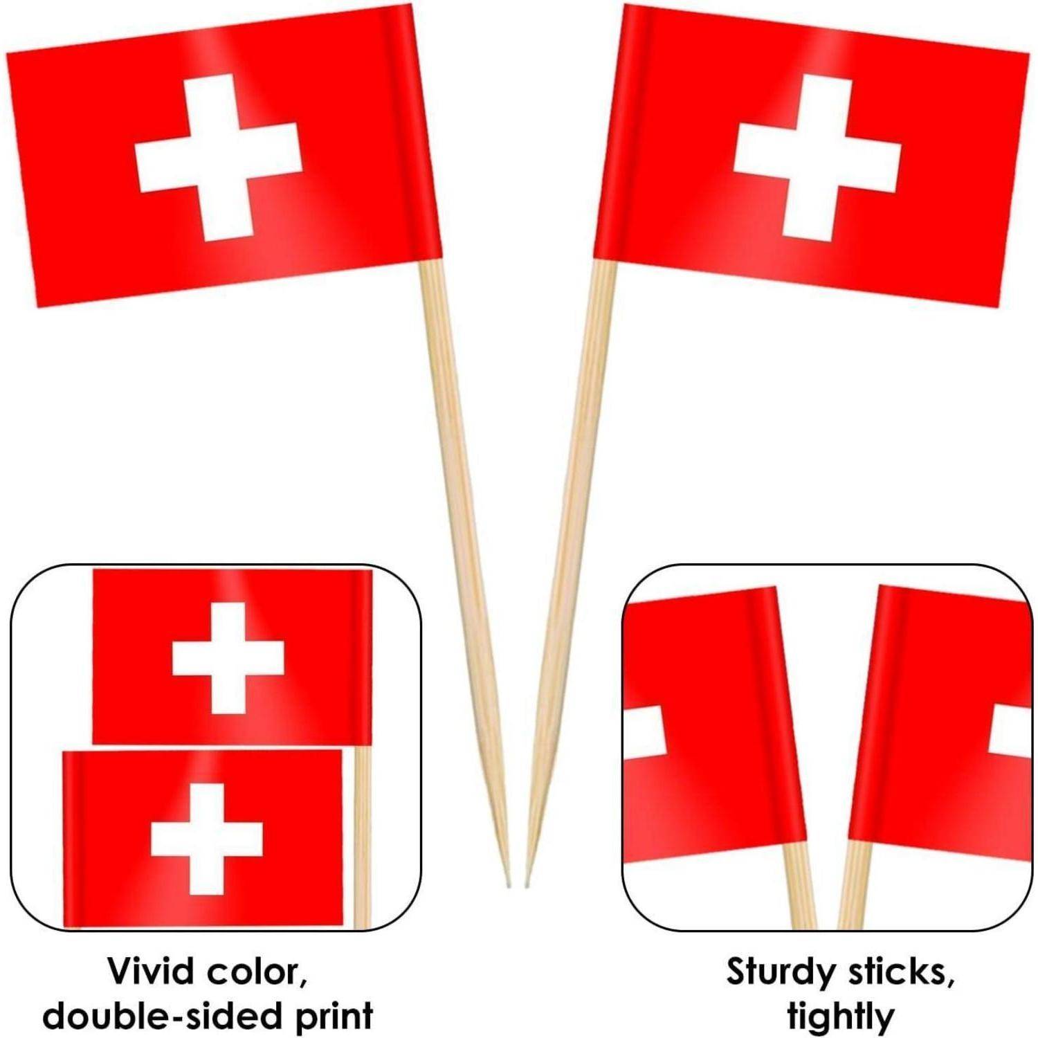 Zwei kleine Flaggen mit einem weißen Kreuz auf rotem Hintergrund, an Holzstangen befestigt. Texthervorhebungen zeigen 'lebendige Farbe, beidseitiger Druck' und 'stabile Stangen, fest'.