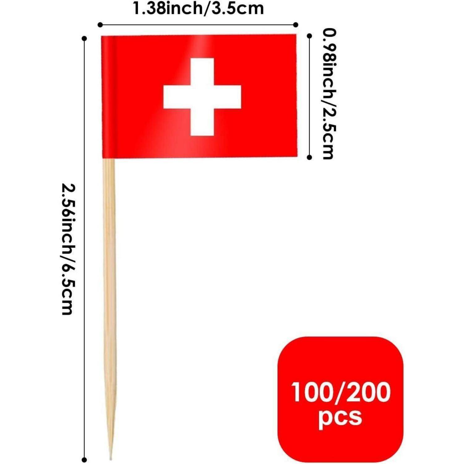 Kleine Schweizer Flagge auf einem Zahnstocher, Abmessungen angegeben als 1,38 x 0,98 Zoll. Rotes Quadrat mit '100/200 Stück' Text daneben.